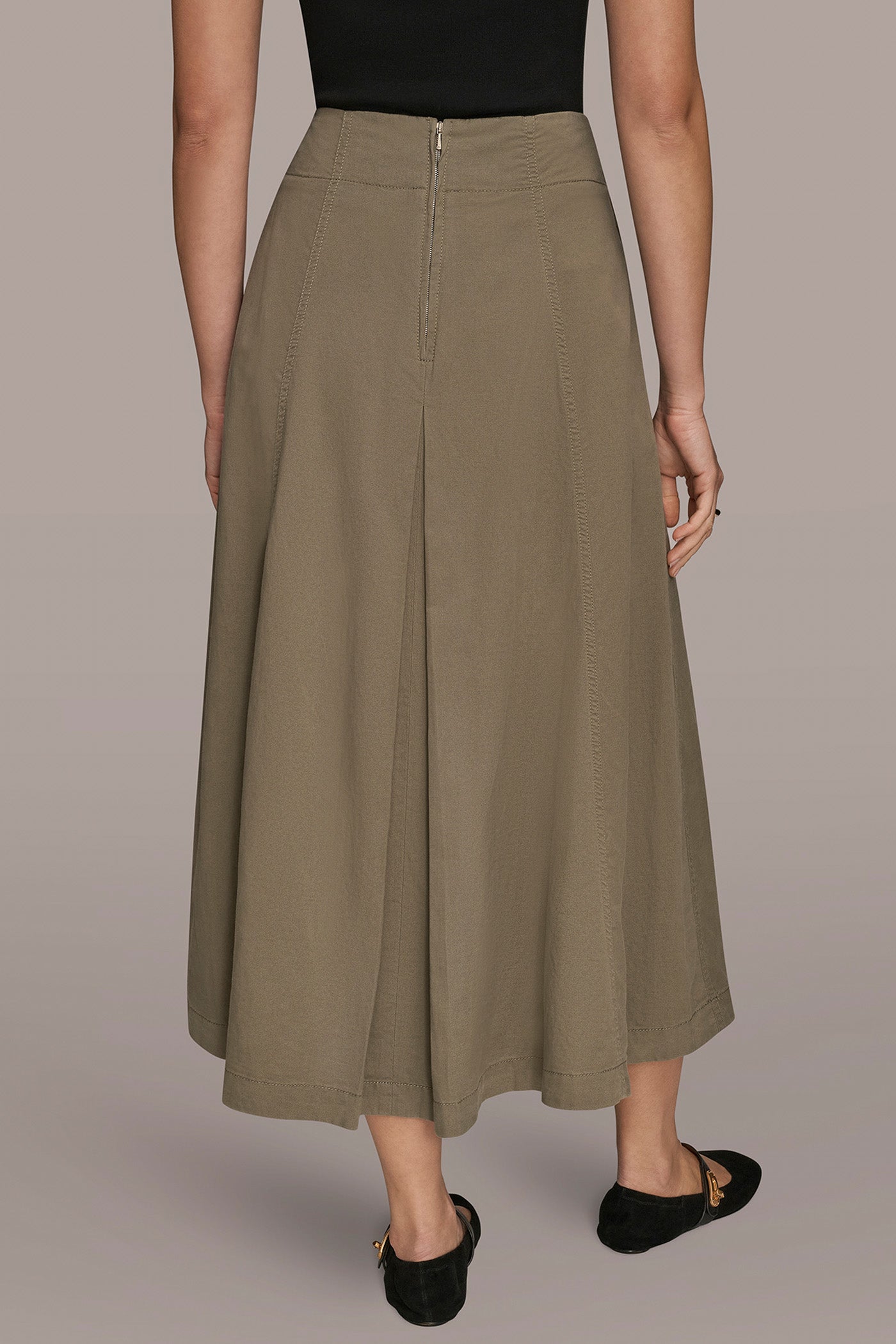 KHAKI GREEN BRUSHED MIDI PANEL TRUMPET SKIRT Donna Karan