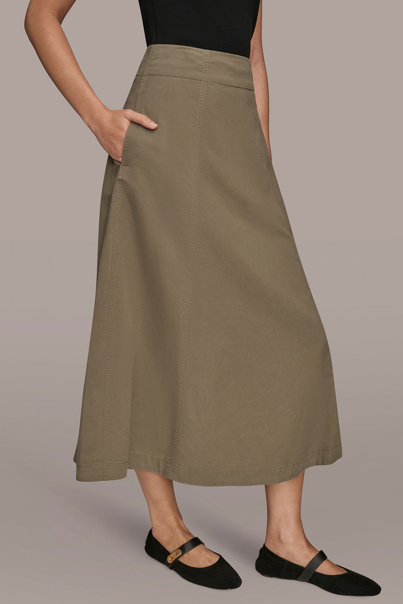 KHAKI GREEN BRUSHED MIDI PANEL TRUMPET SKIRT Donna Karan