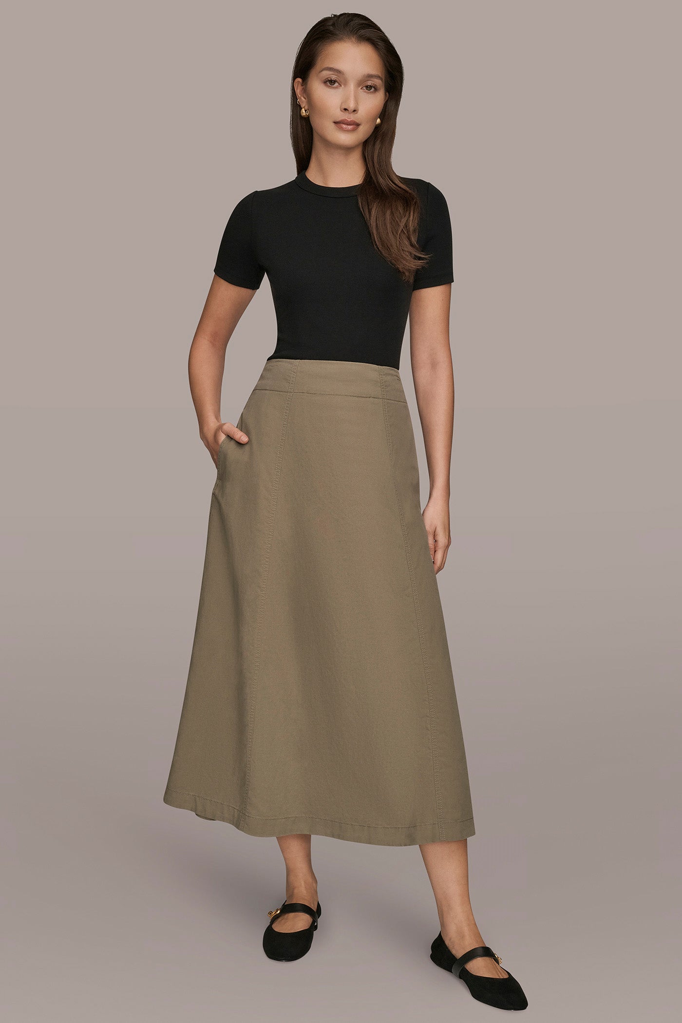 KHAKI GREEN BRUSHED MIDI PANEL TRUMPET SKIRT Donna Karan