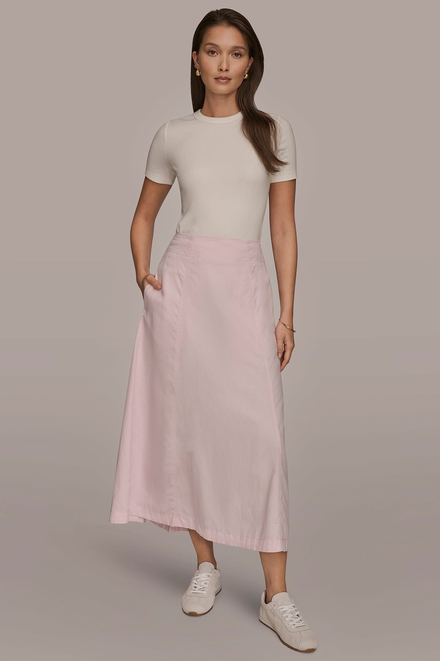 PINK WISTERIA BRUSHED MIDI PANEL TRUMPET SKIRT Donna Karan