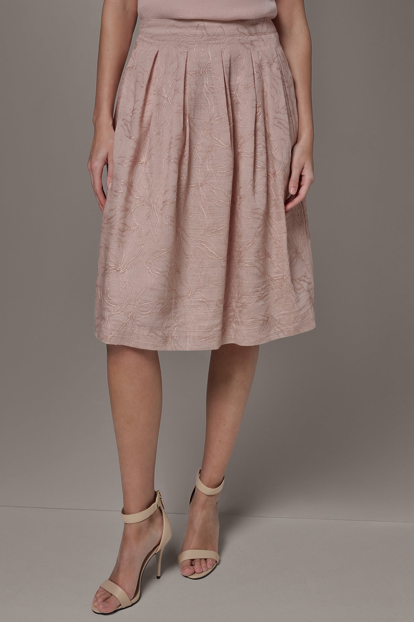 Snow Petal FLORAL EMBROIDERED PLEATED A-LINE SKIRT Donna Karan