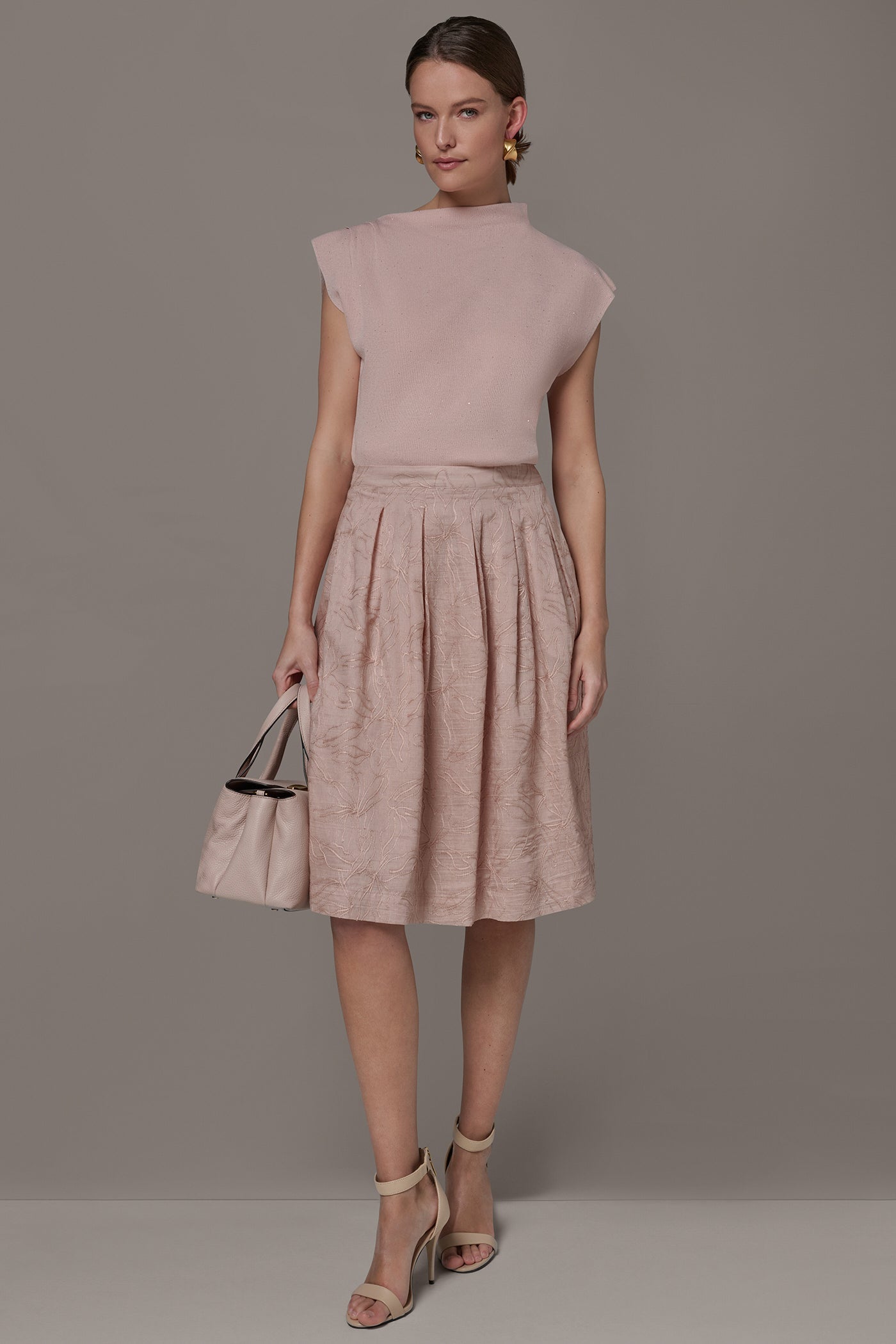 Snow Petal FLORAL EMBROIDERED PLEATED A-LINE SKIRT Donna Karan