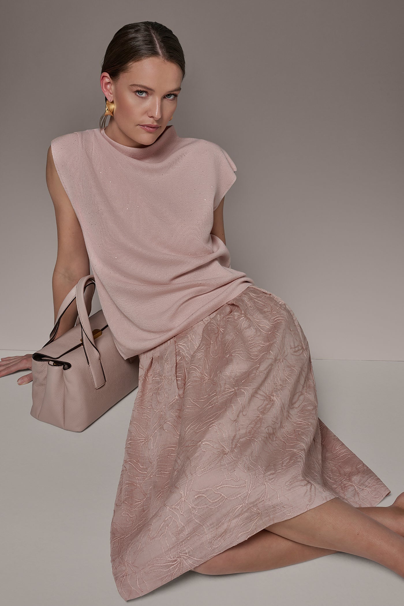 Snow Petal FLORAL EMBROIDERED PLEATED A-LINE SKIRT Donna Karan