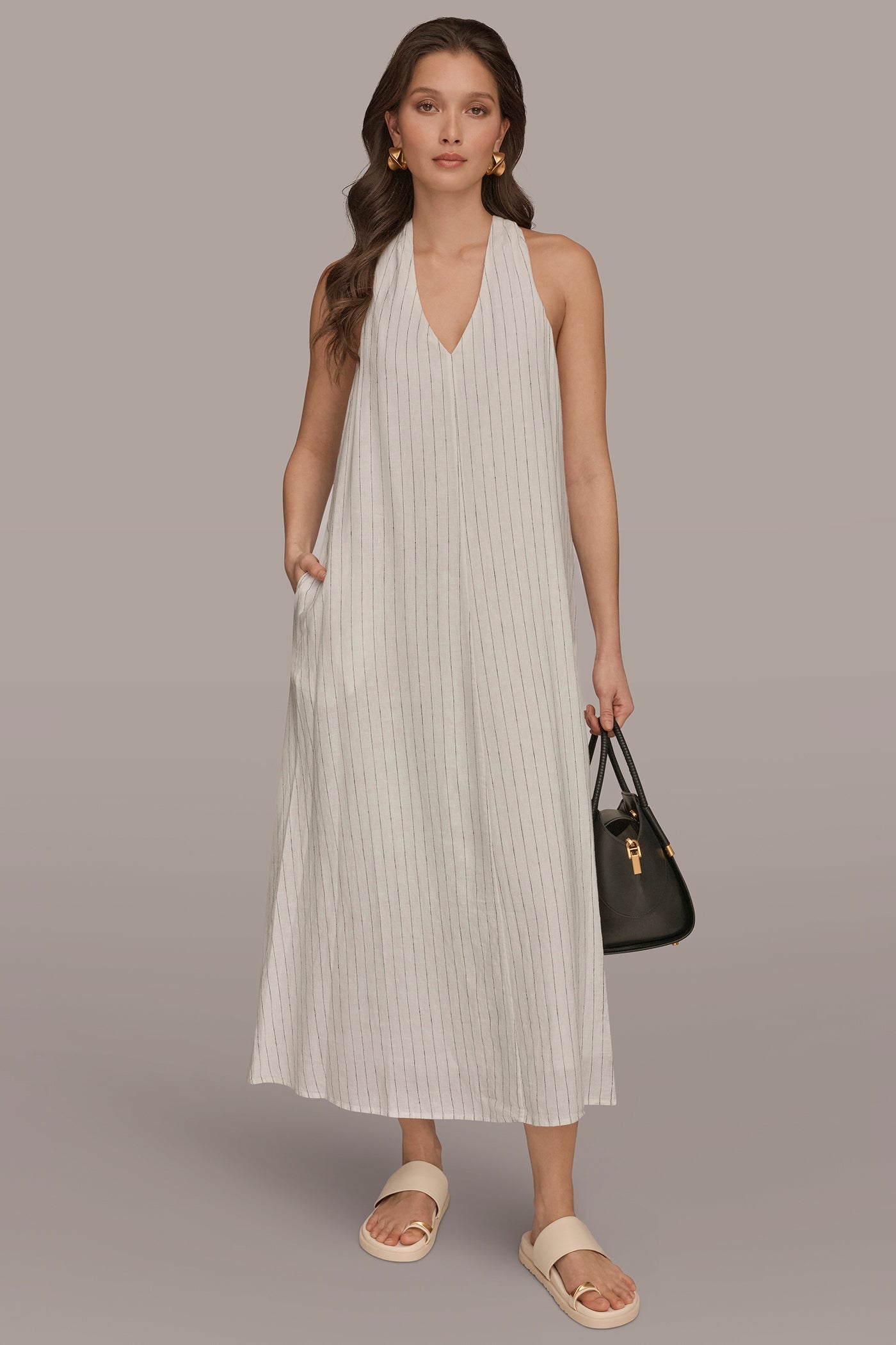 Cream/Black TWIST-BACK MIDI HALTER DRESS Donna Karan