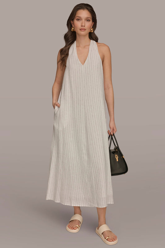 Cream/Black TWIST-BACK MIDI HALTER DRESS Donna Karan