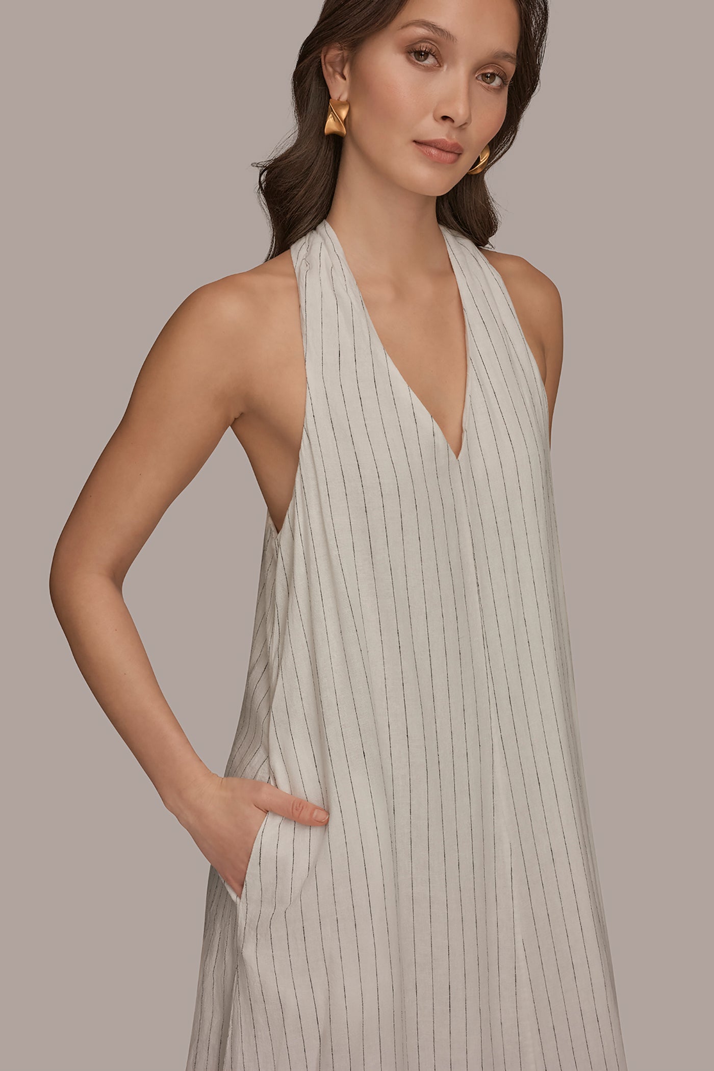 Cream/Black TWIST-BACK MIDI HALTER DRESS Donna Karan