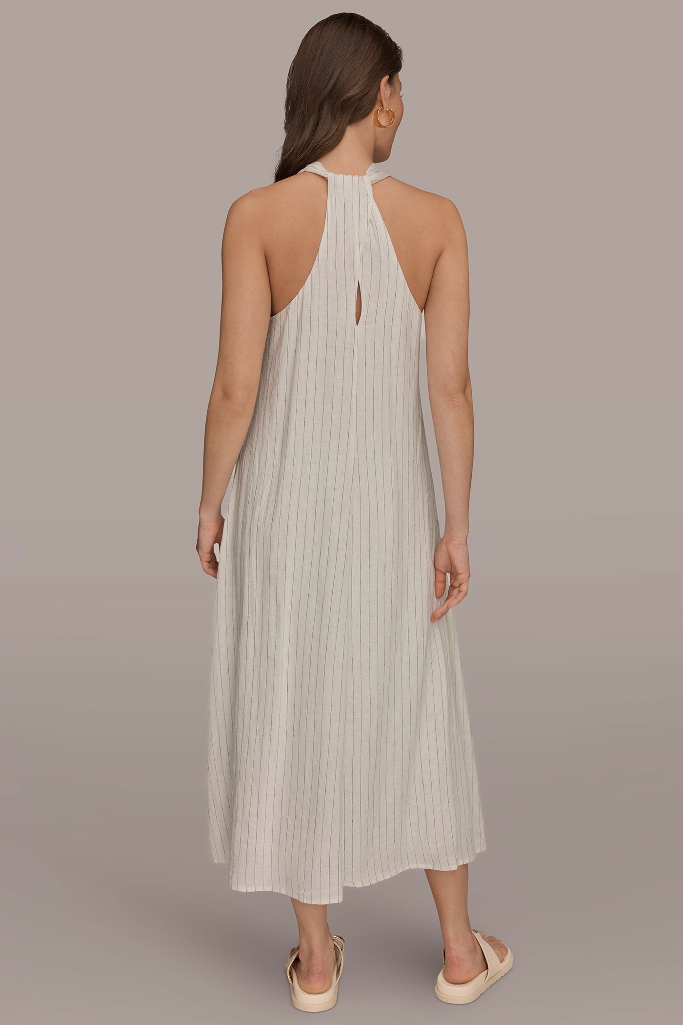 Cream/Black TWIST-BACK MIDI HALTER DRESS Donna Karan