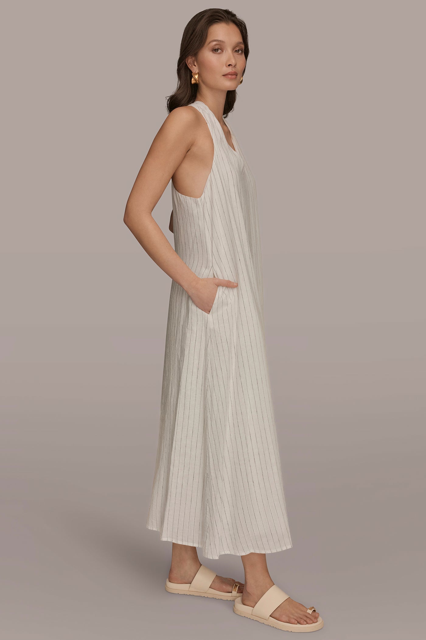 Cream/Black TWIST-BACK MIDI HALTER DRESS Donna Karan