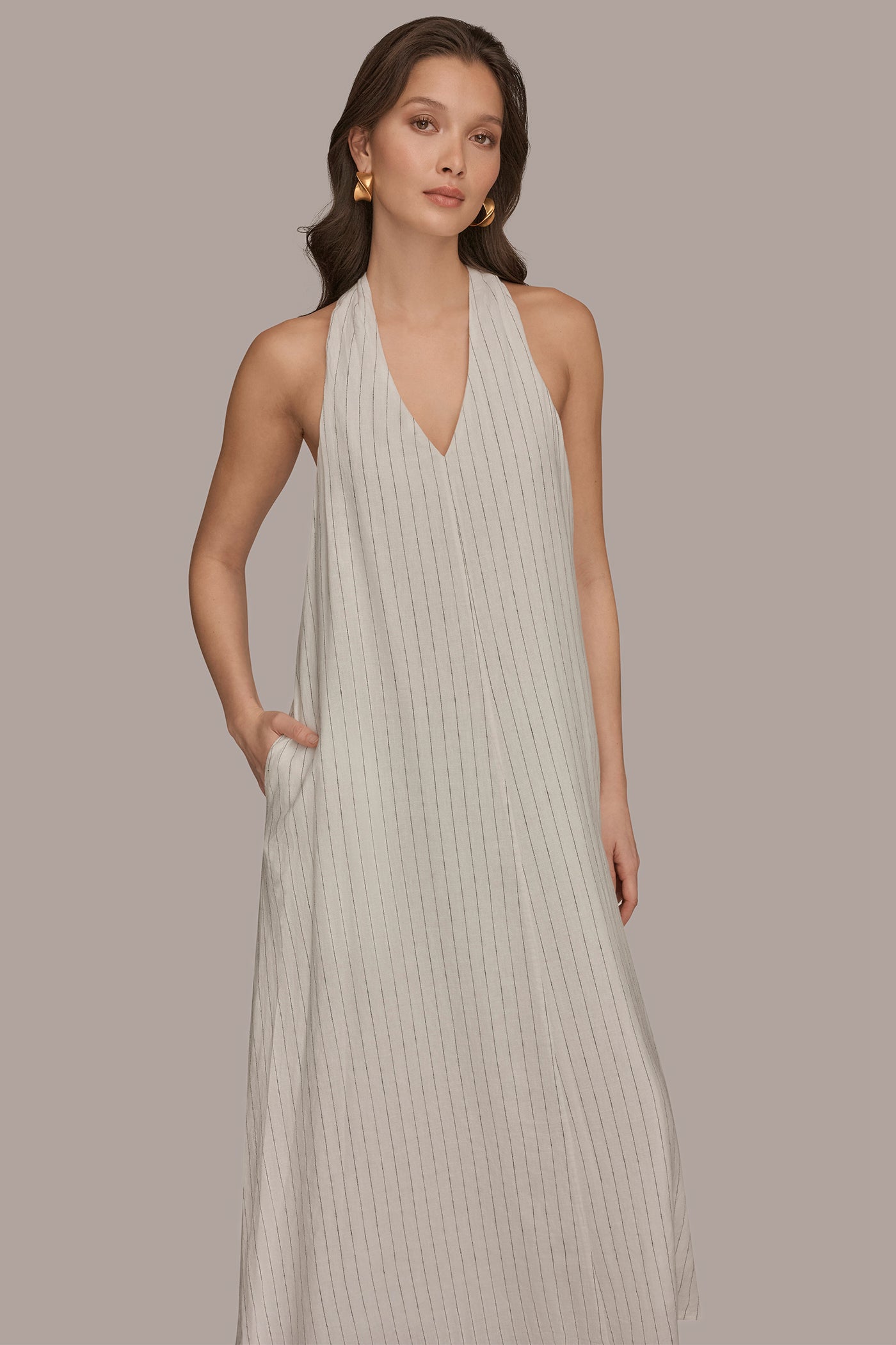 Cream/Black TWIST-BACK MIDI HALTER DRESS Donna Karan