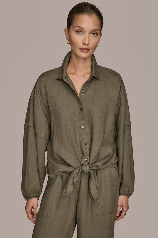 KHAKI GREEN LINEN BLOUSON SLEEVE TIE-FRONT SHIRT Donna Karan