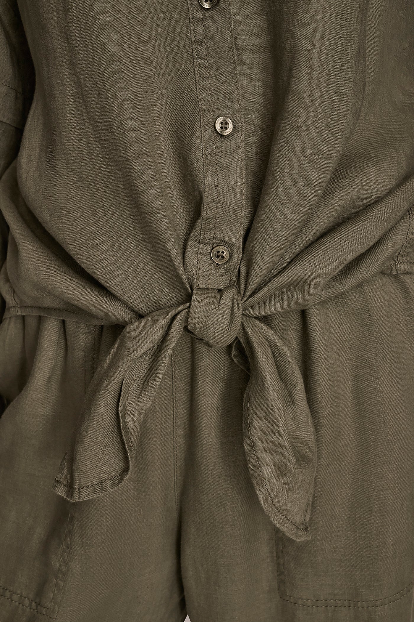 KHAKI GREEN LINEN BLOUSON SLEEVE TIE-FRONT SHIRT Donna Karan
