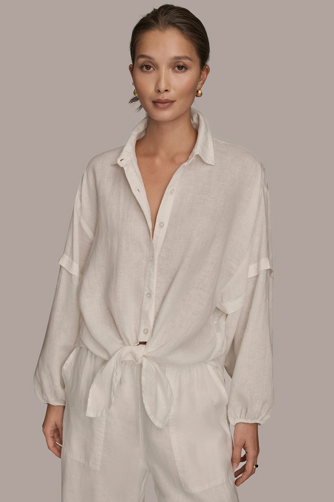 CREAM LINEN BLOUSON SLEEVE TIE-FRONT SHIRT Donna Karan
