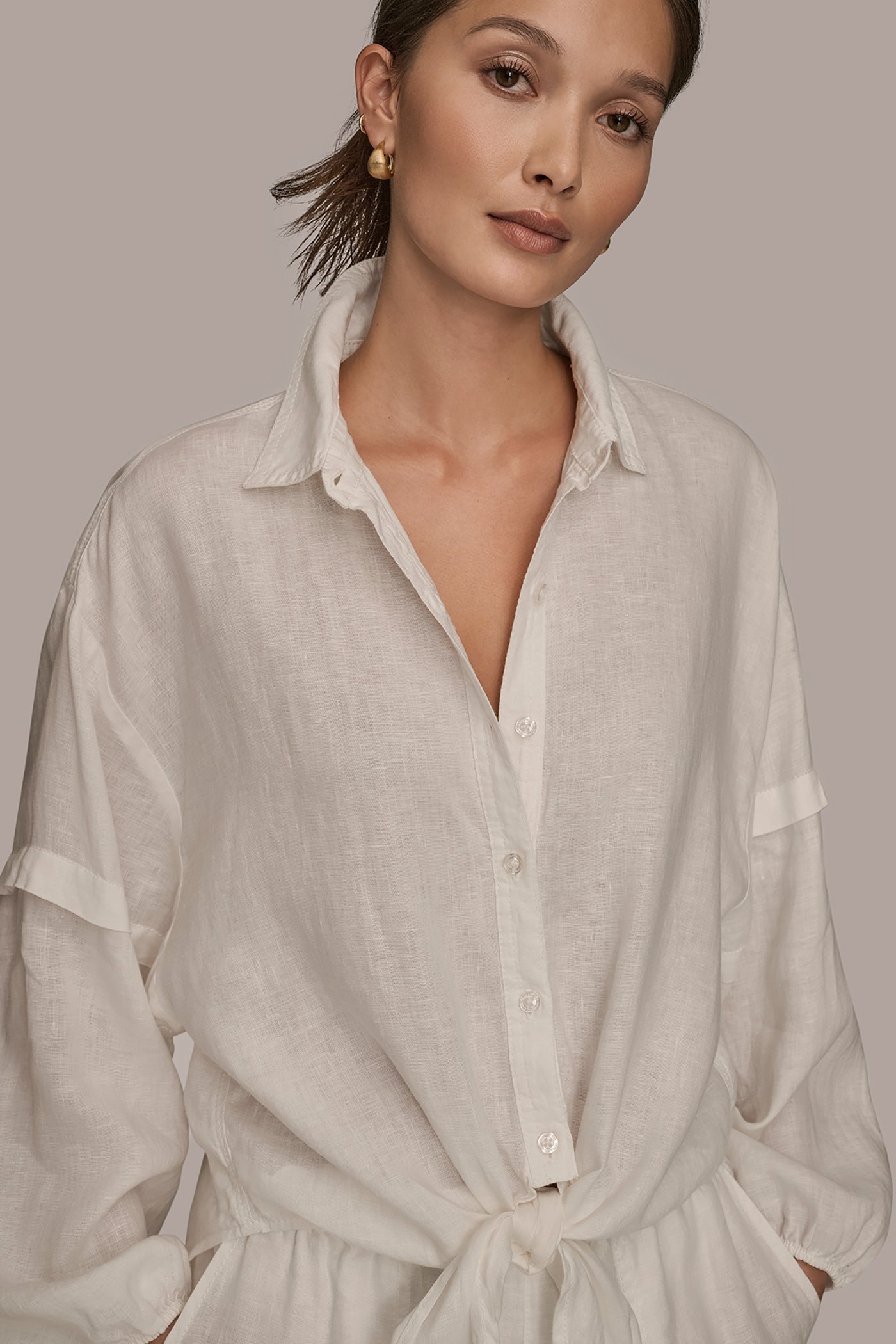 CREAM LINEN BLOUSON SLEEVE TIE-FRONT SHIRT Donna Karan