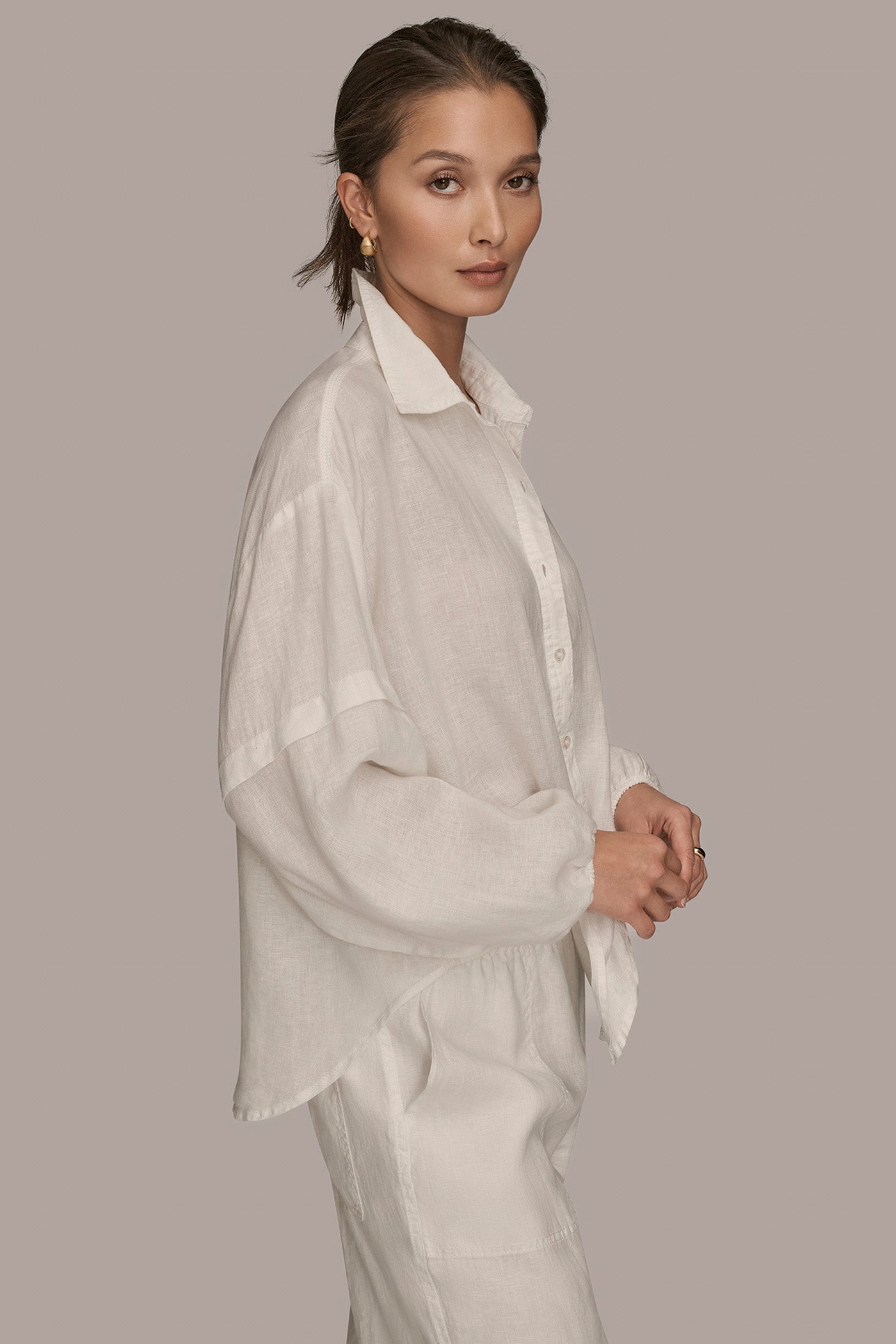 CREAM LINEN BLOUSON SLEEVE TIE-FRONT SHIRT Donna Karan