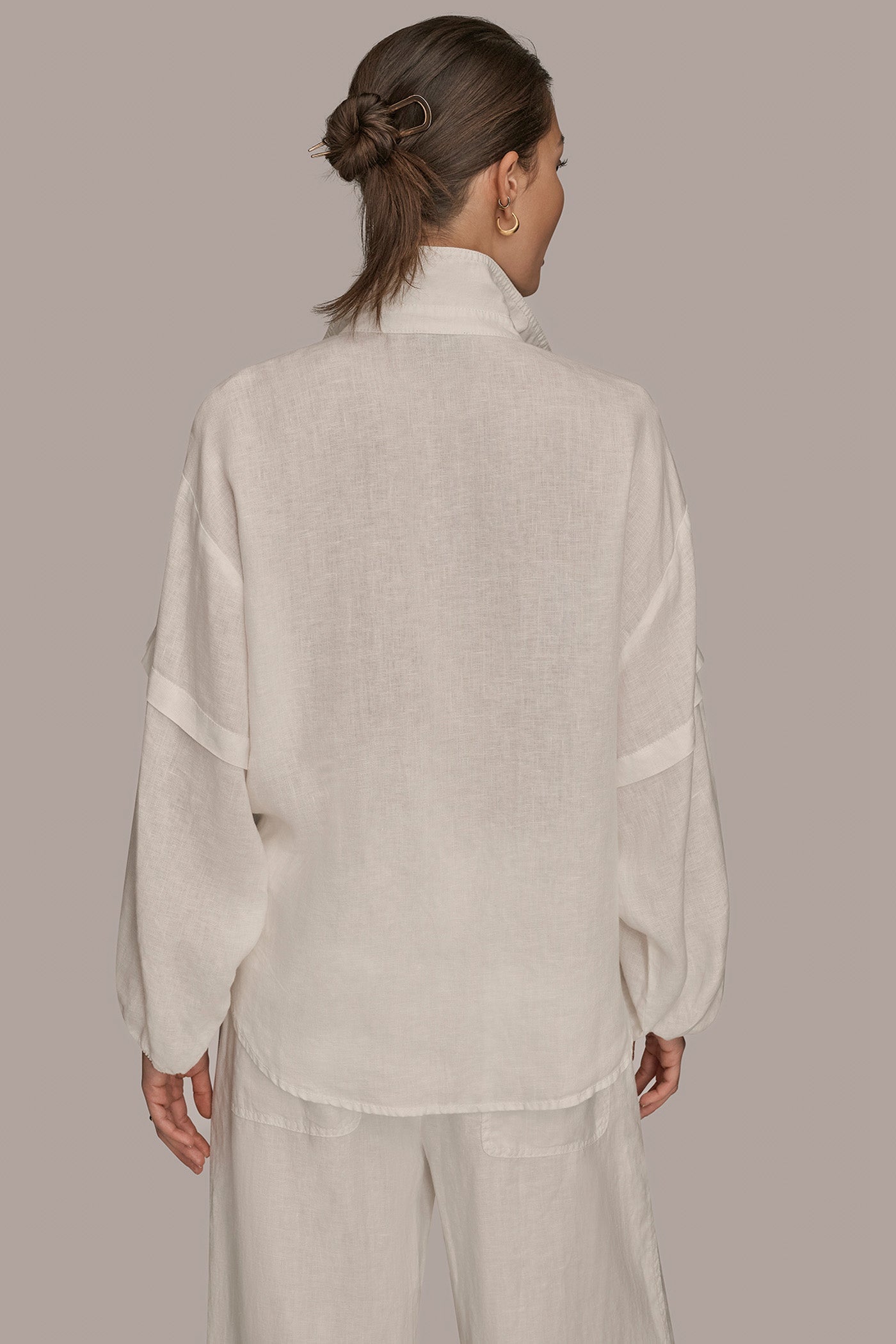 CREAM LINEN BLOUSON SLEEVE TIE-FRONT SHIRT Donna Karan