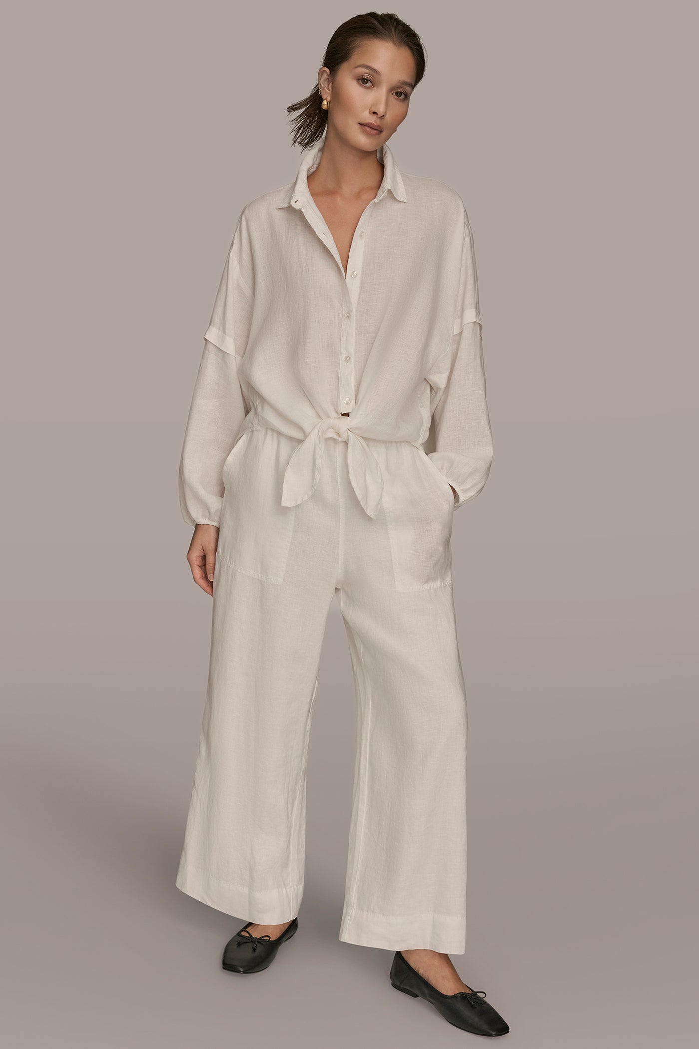 CREAM LINEN BLOUSON SLEEVE TIE-FRONT SHIRT Donna Karan
