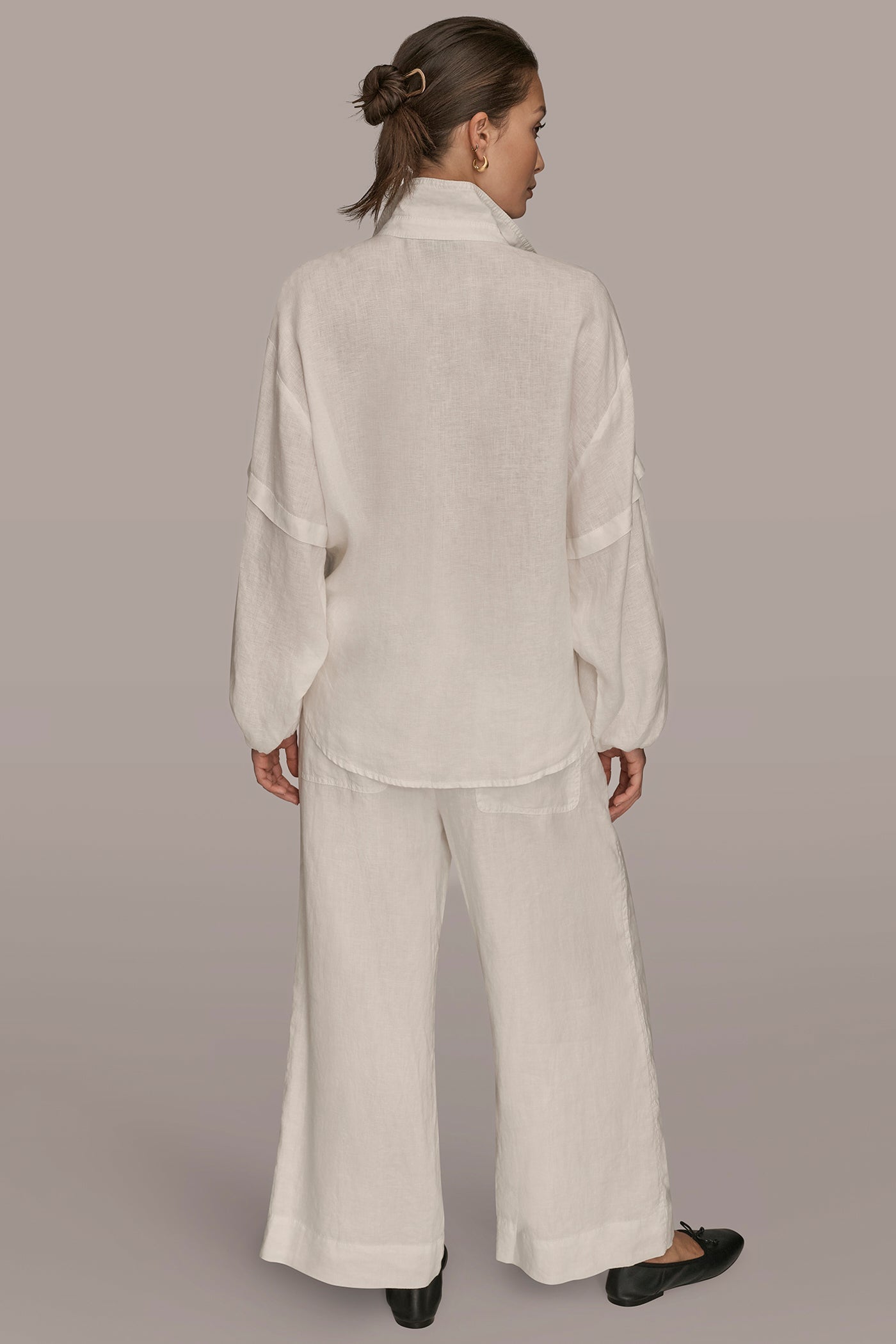 CREAM LINEN BLOUSON SLEEVE TIE-FRONT SHIRT Donna Karan