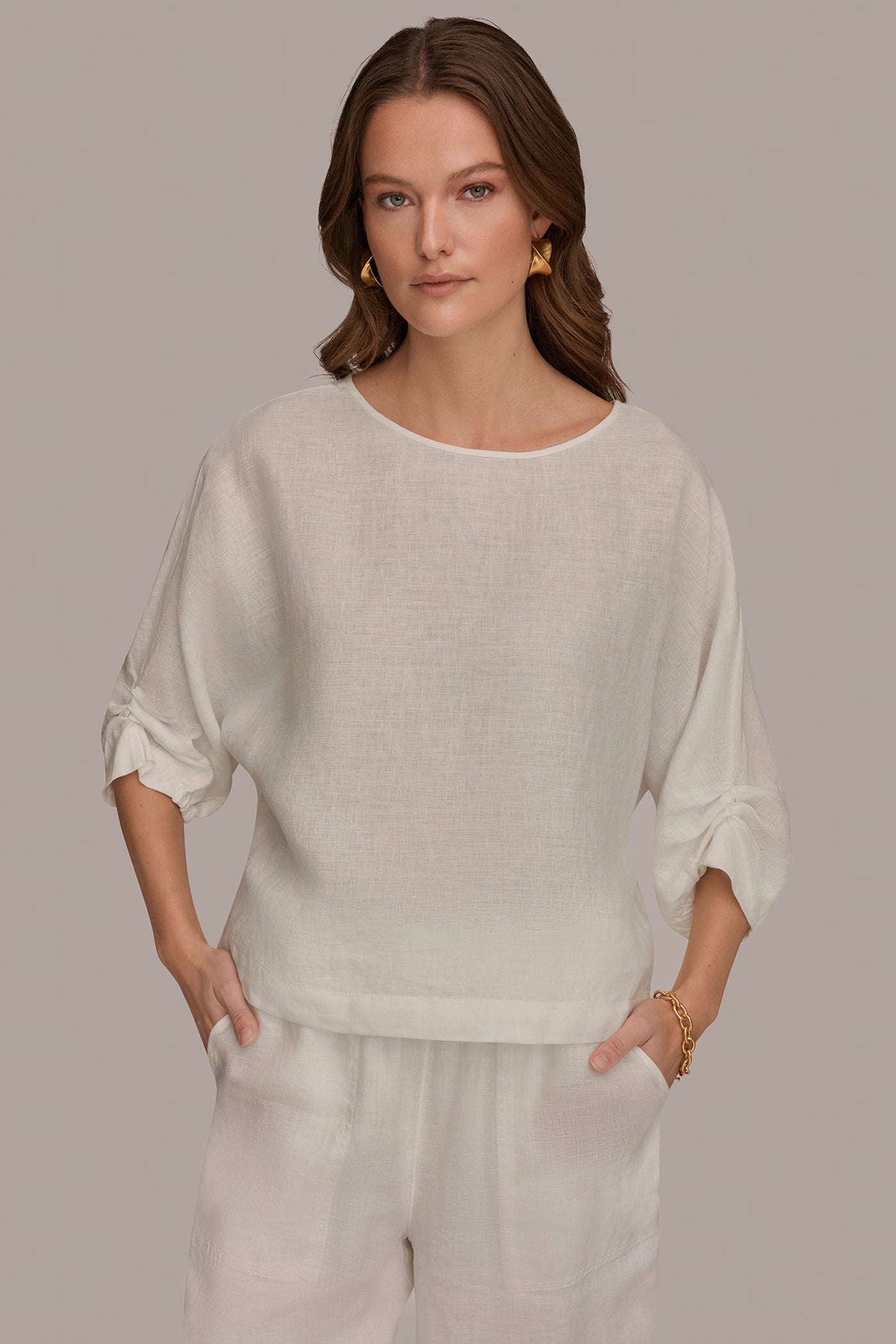 Cream LINEN TWIST CUFF SLEEVE BLOUSE Donna Karan