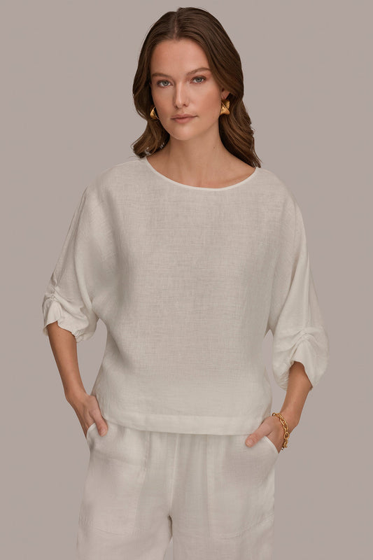 Cream LINEN TWIST CUFF SLEEVE BLOUSE Donna Karan