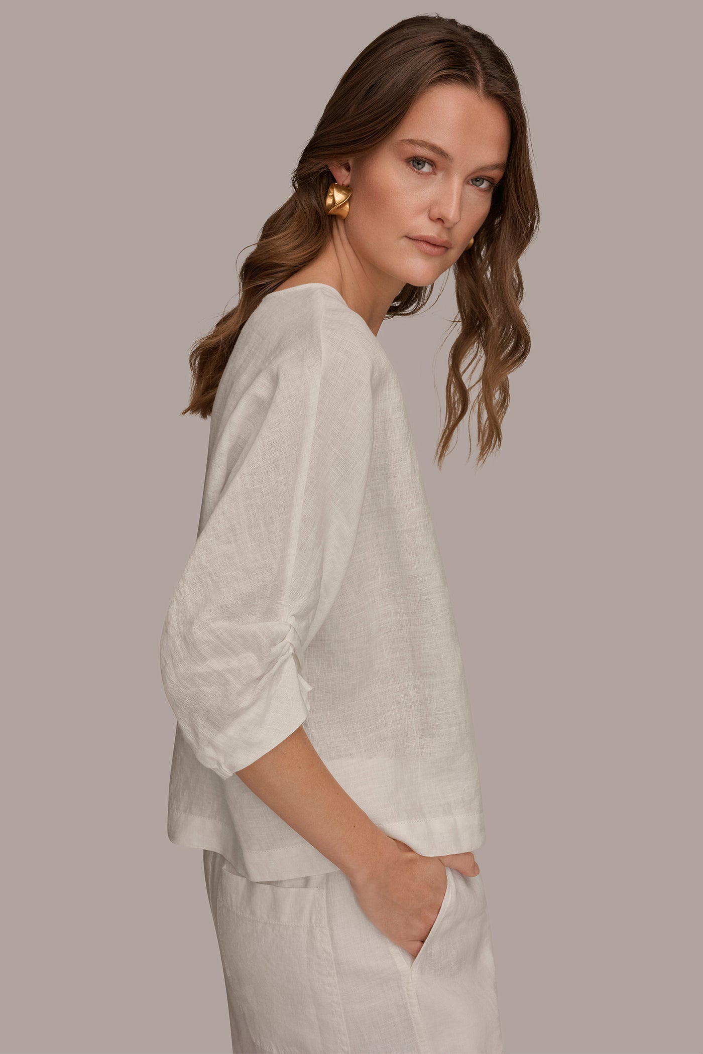 Cream LINEN TWIST CUFF SLEEVE BLOUSE Donna Karan