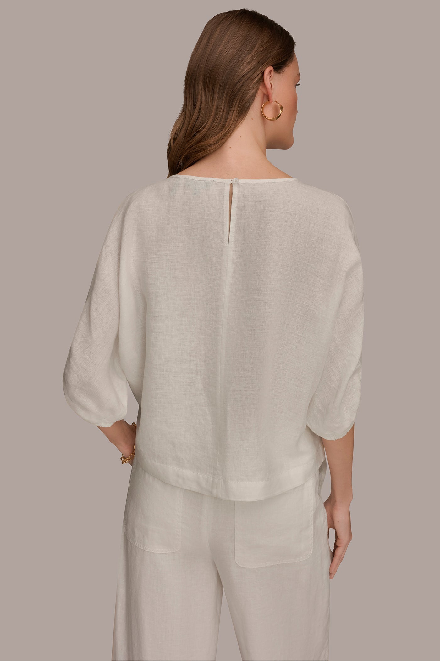 Cream LINEN TWIST CUFF SLEEVE BLOUSE Donna Karan