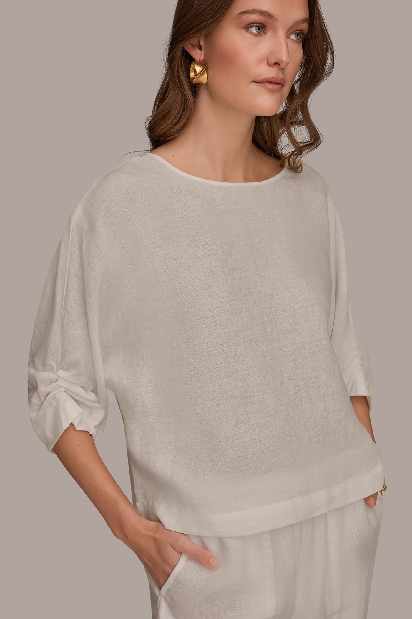 Cream LINEN TWIST CUFF SLEEVE BLOUSE Donna Karan