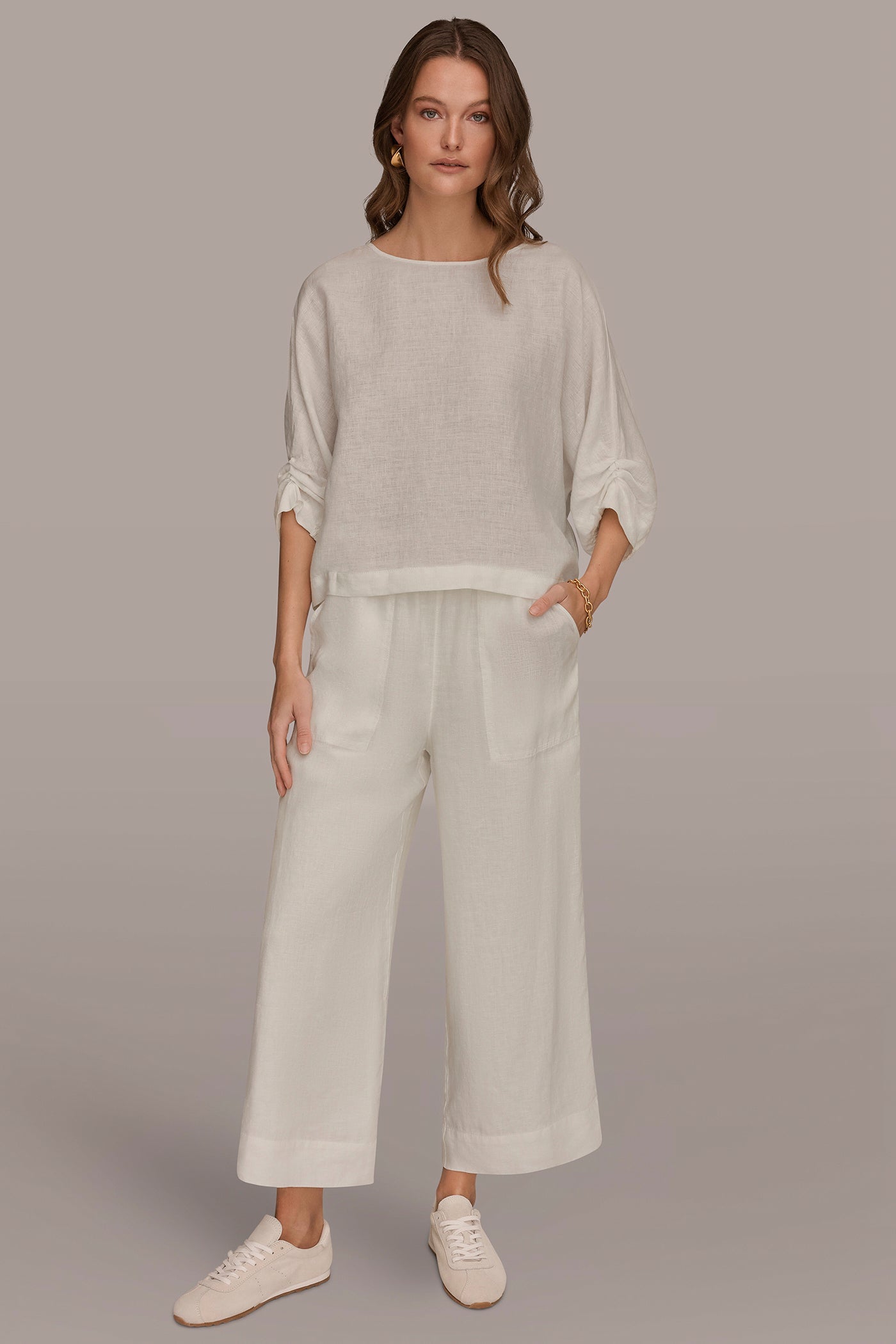 Cream LINEN TWIST CUFF SLEEVE BLOUSE Donna Karan