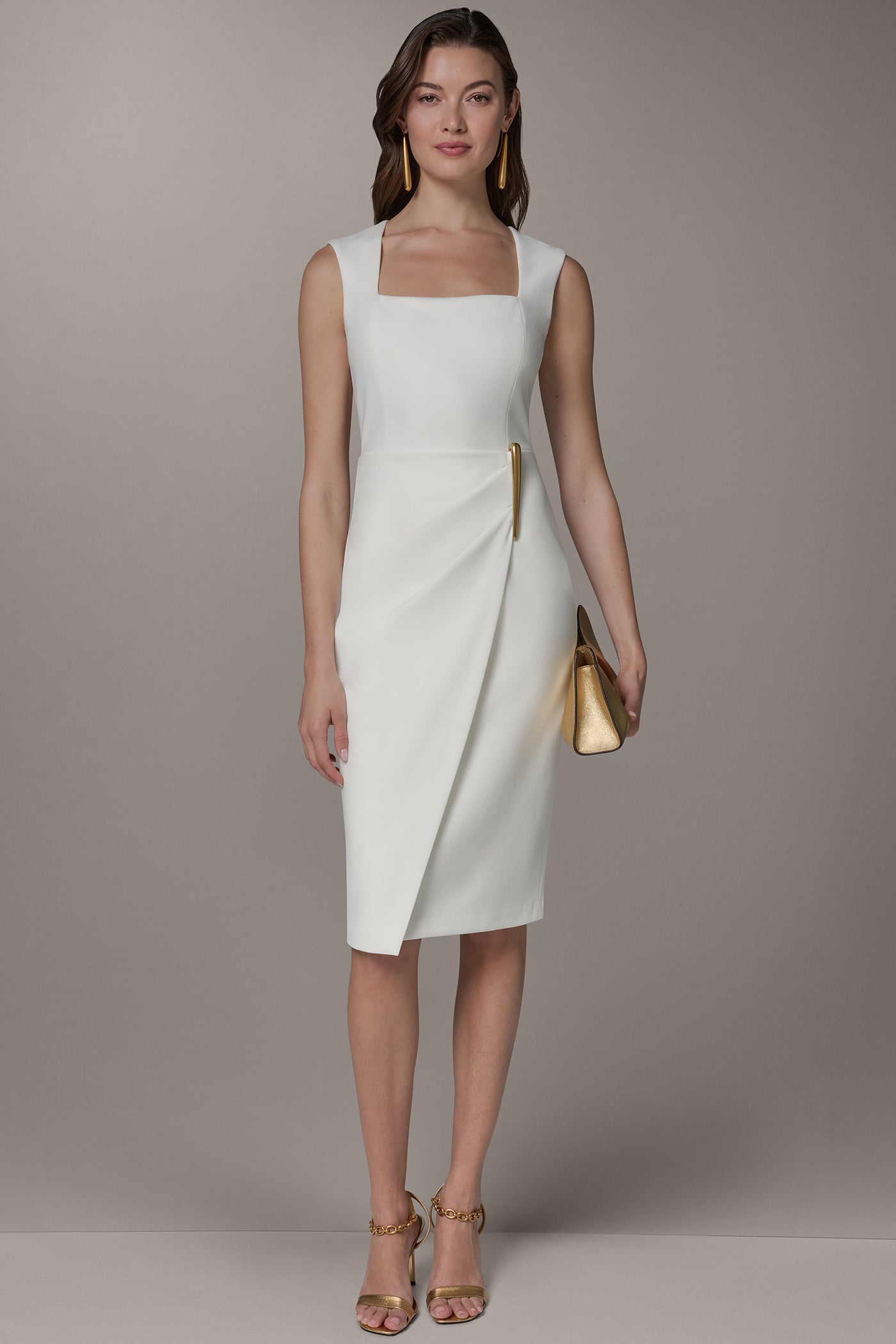Cream SLEEVELESS WRAP-EFFECT MIDI DRESS Donna Karan