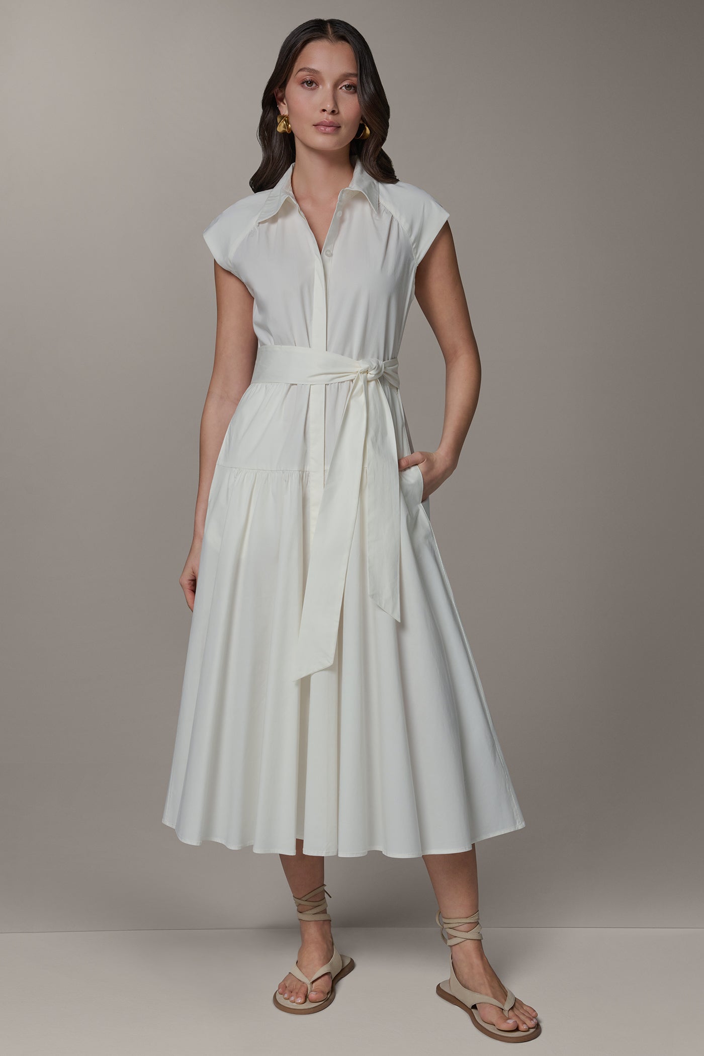 Cream CAP SLEEVE MIDI SHIRT DRESS Donna Karan