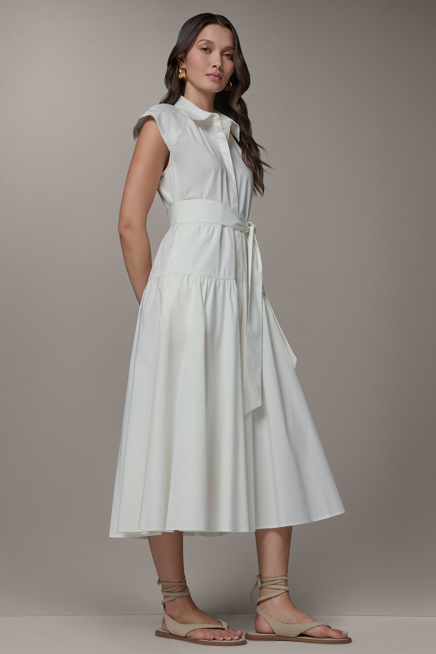 Cream CAP SLEEVE MIDI SHIRT DRESS Donna Karan
