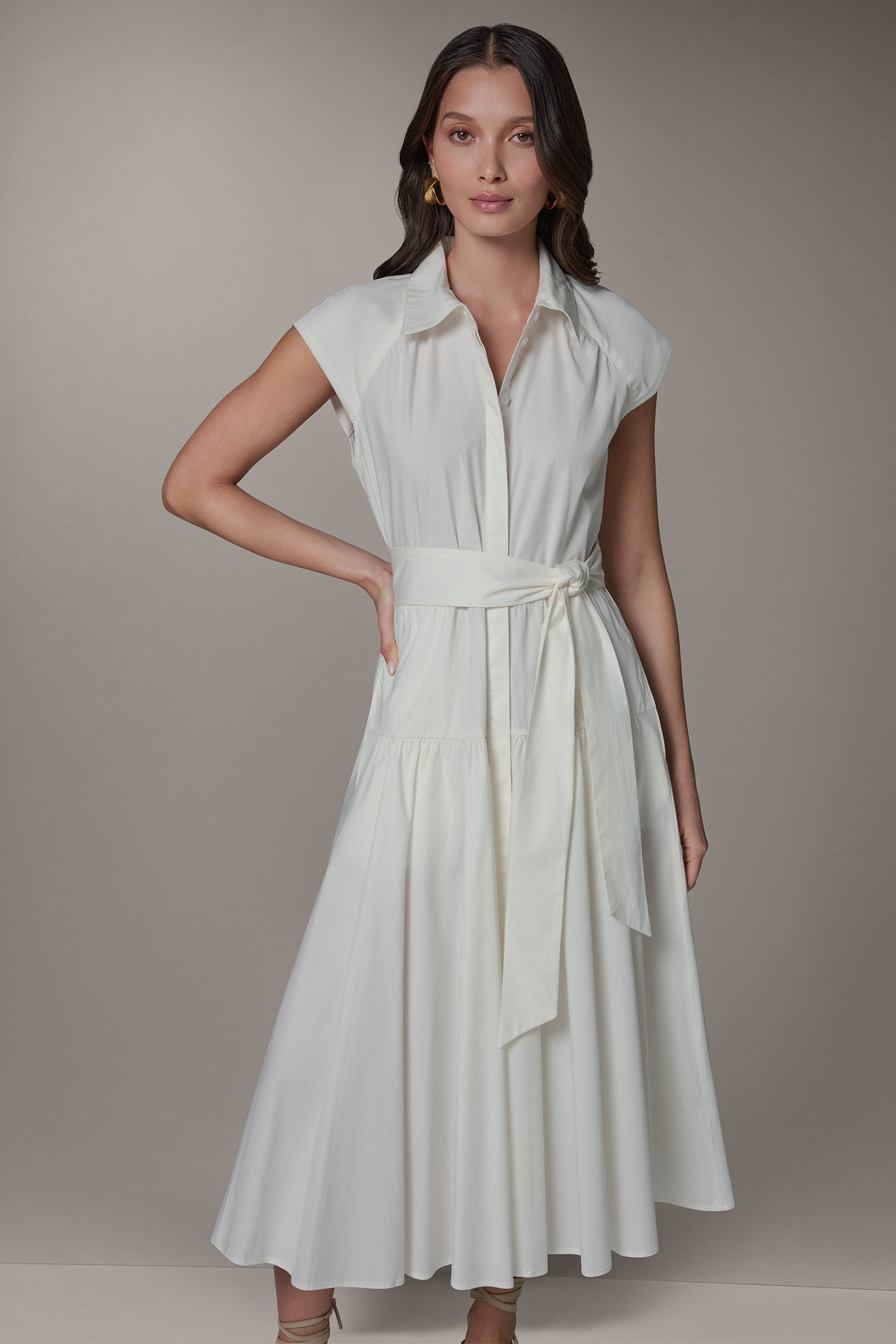Cream CAP SLEEVE MIDI SHIRT DRESS Donna Karan