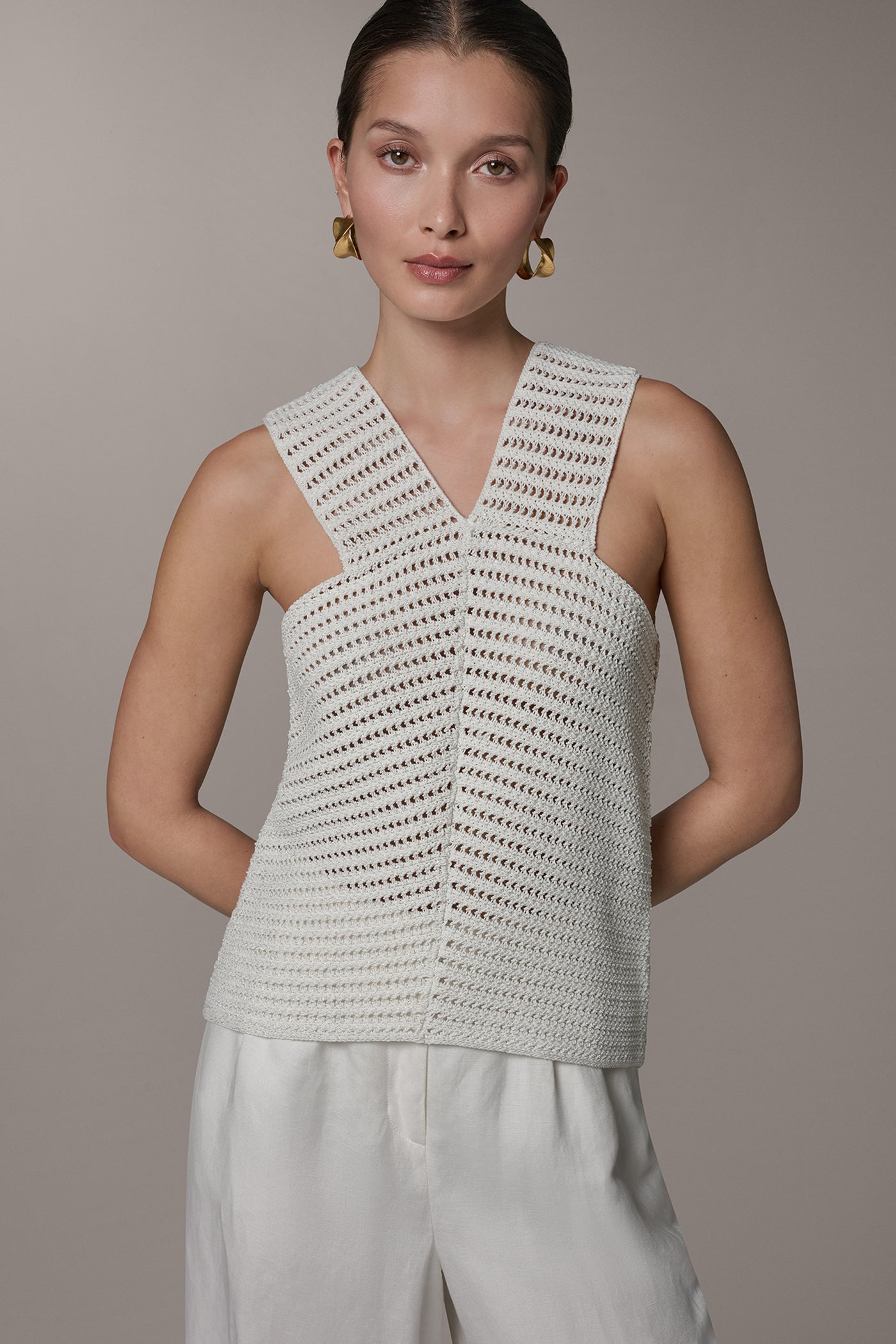 Cream SLEEVELESS METALLIC SWEATER TANK Donna Karan