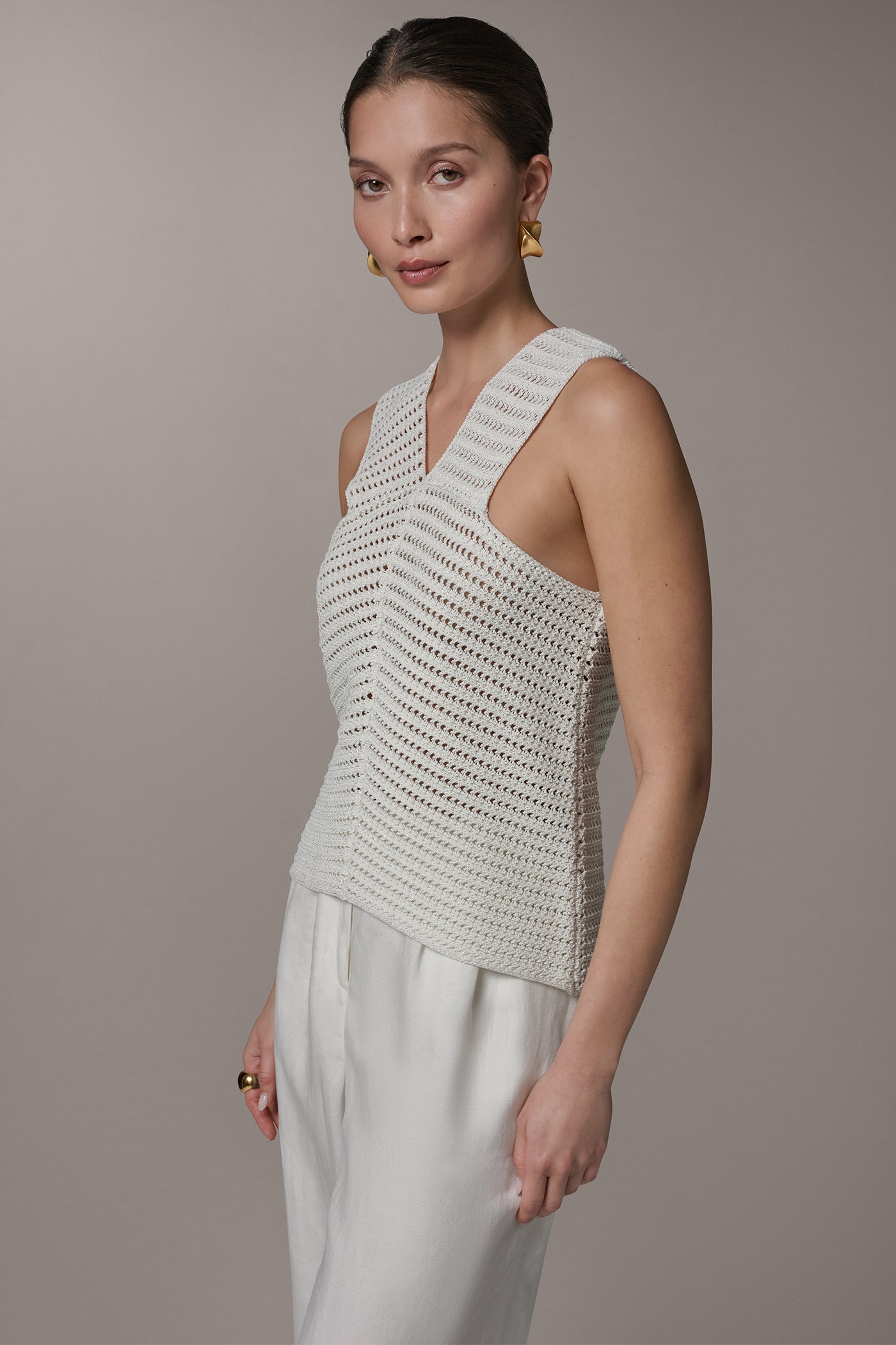 Cream SLEEVELESS METALLIC SWEATER TANK Donna Karan