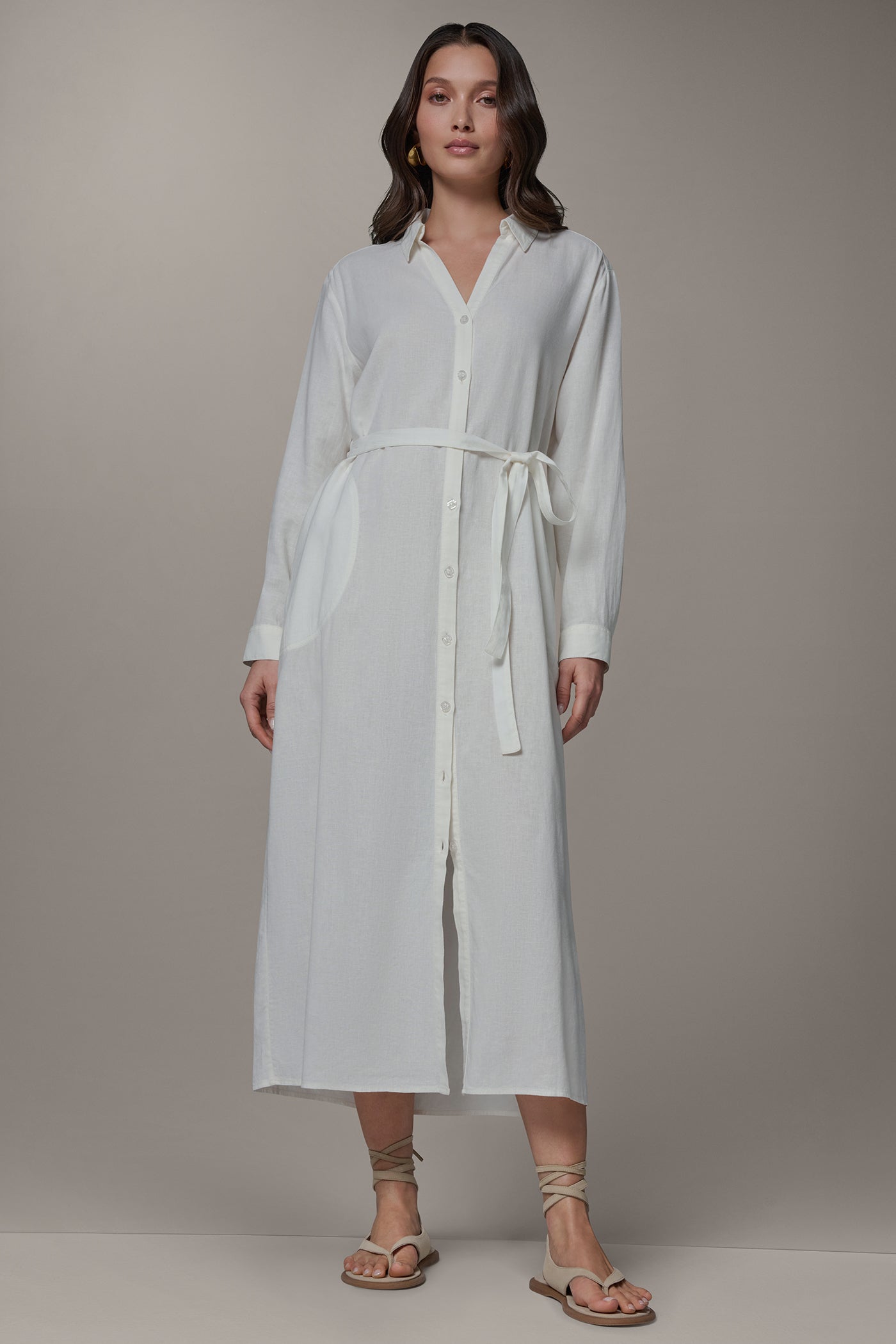 Cream LONG SLEEVE MIDI SHIRT DRESS Donna Karan