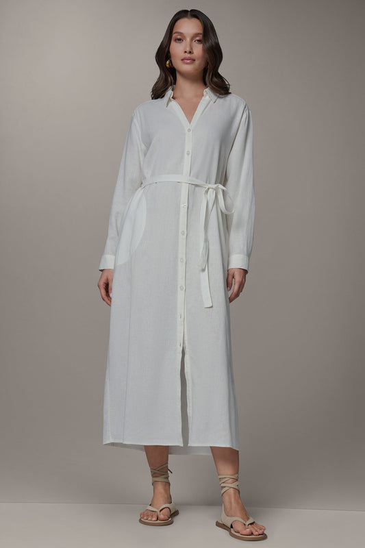 Cream LONG SLEEVE MIDI SHIRT DRESS Donna Karan