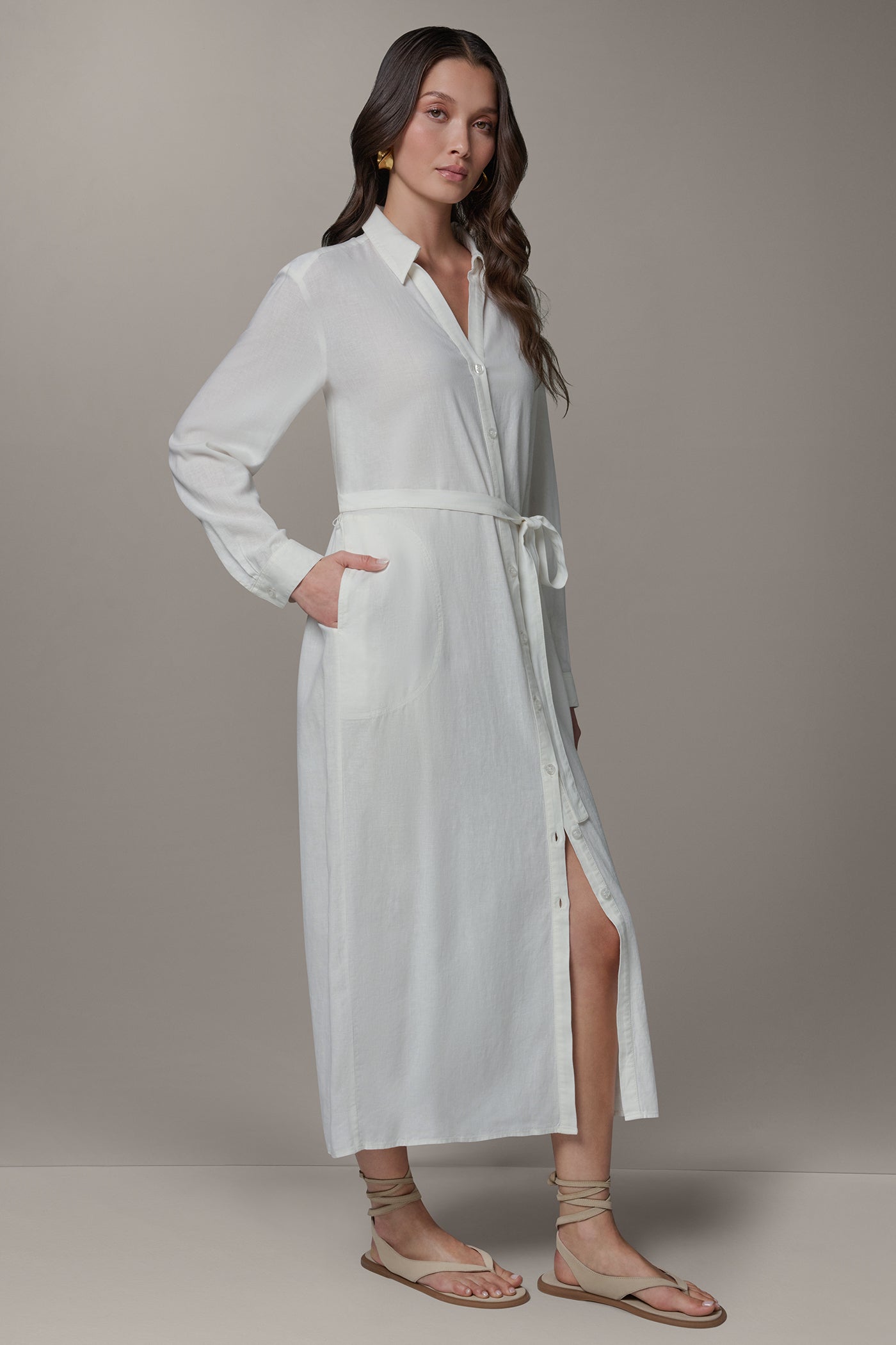 Cream LONG SLEEVE MIDI SHIRT DRESS Donna Karan