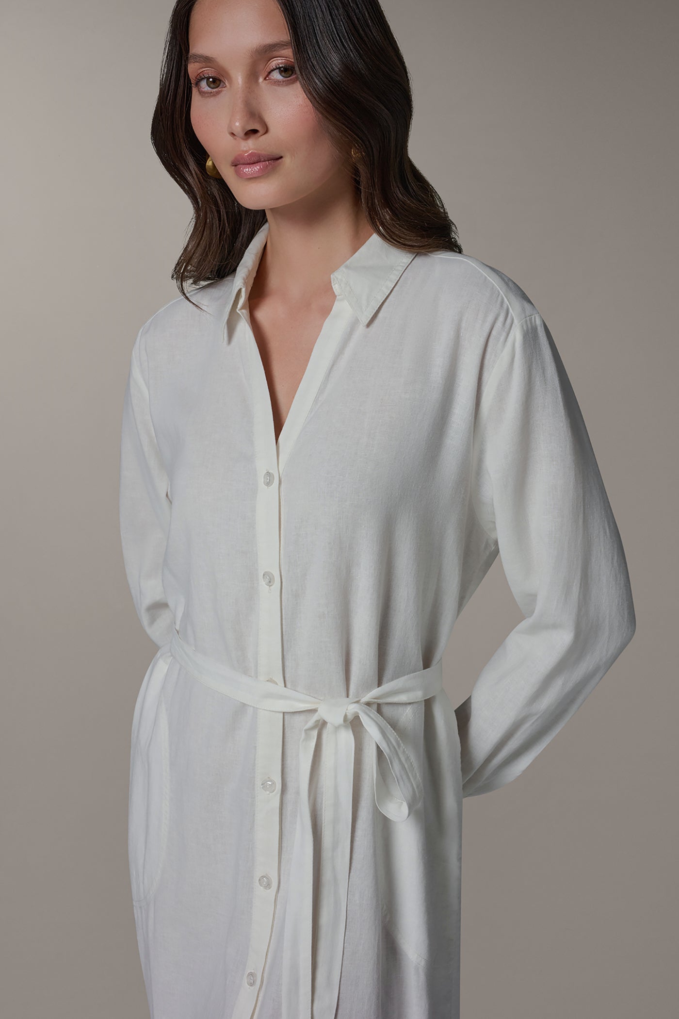 Cream LONG SLEEVE MIDI SHIRT DRESS Donna Karan