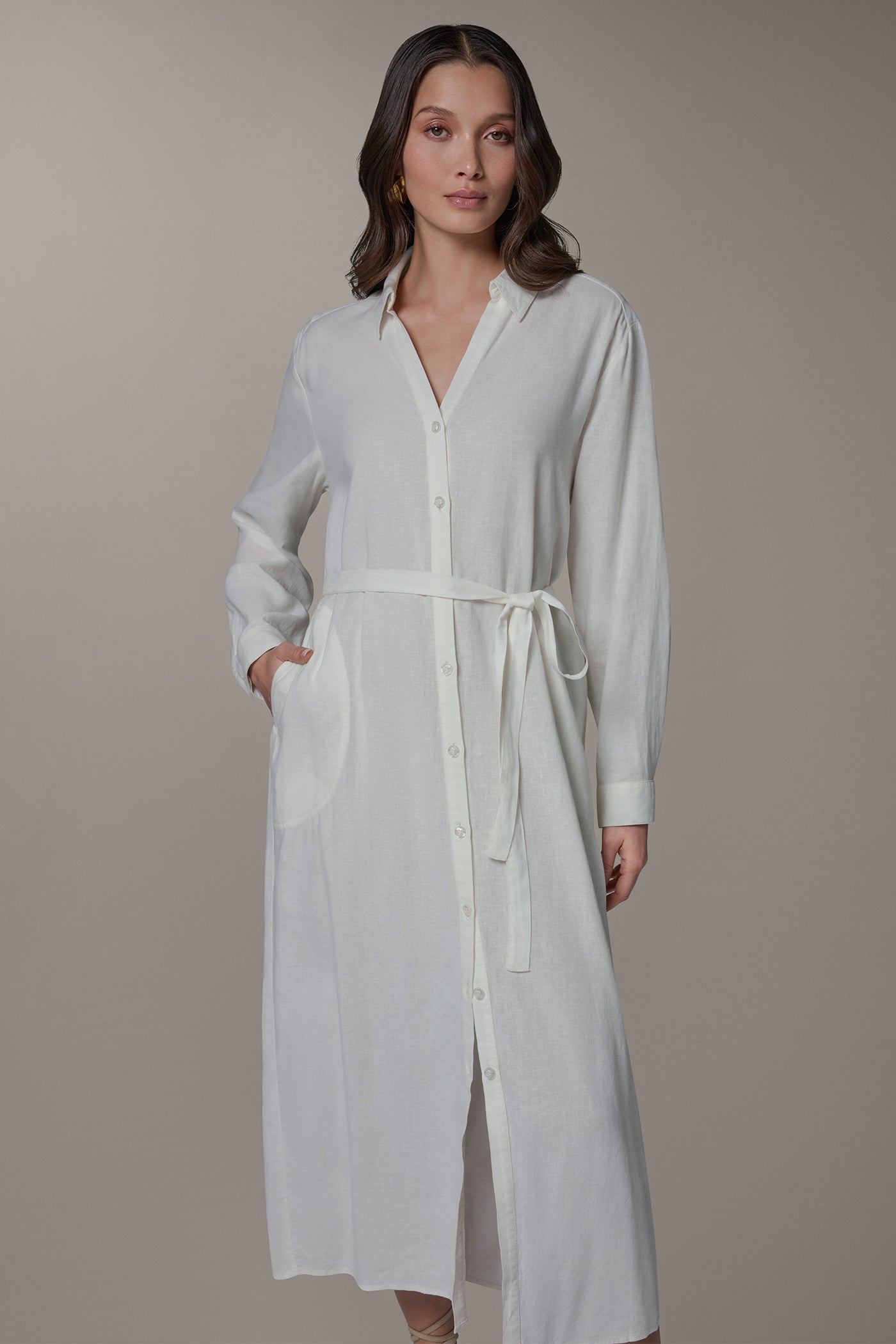Cream LONG SLEEVE MIDI SHIRT DRESS Donna Karan