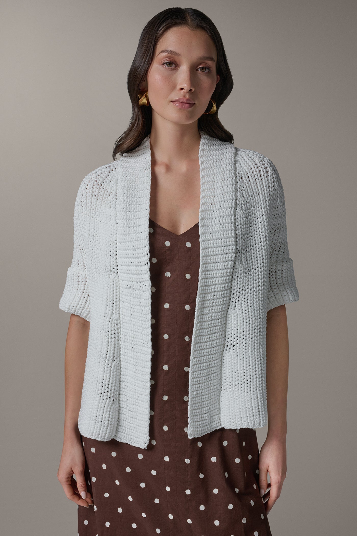 Cream SHORT SLEEVE SWING CARDIGAN Donna Karan