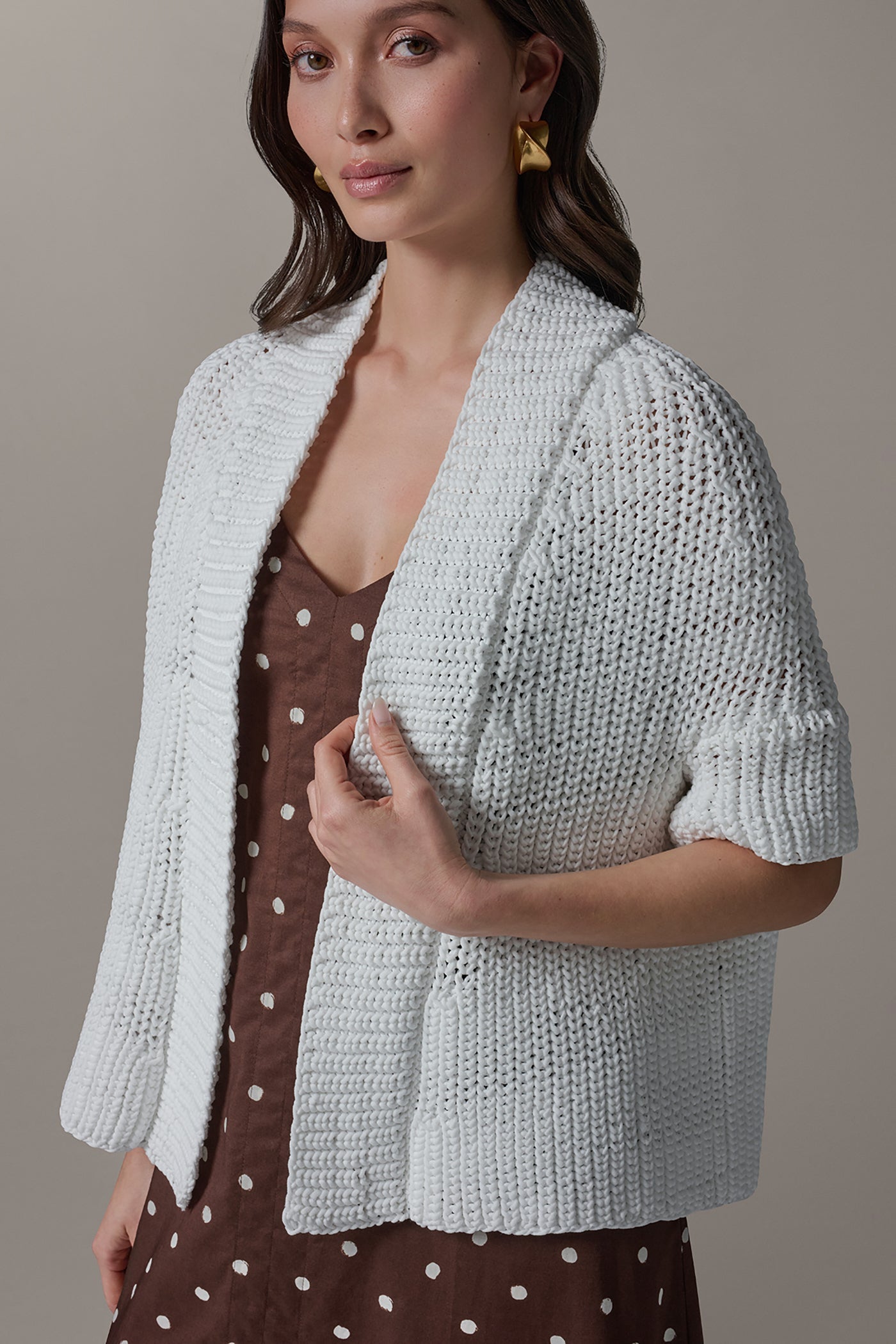 Cream SHORT SLEEVE SWING CARDIGAN Donna Karan
