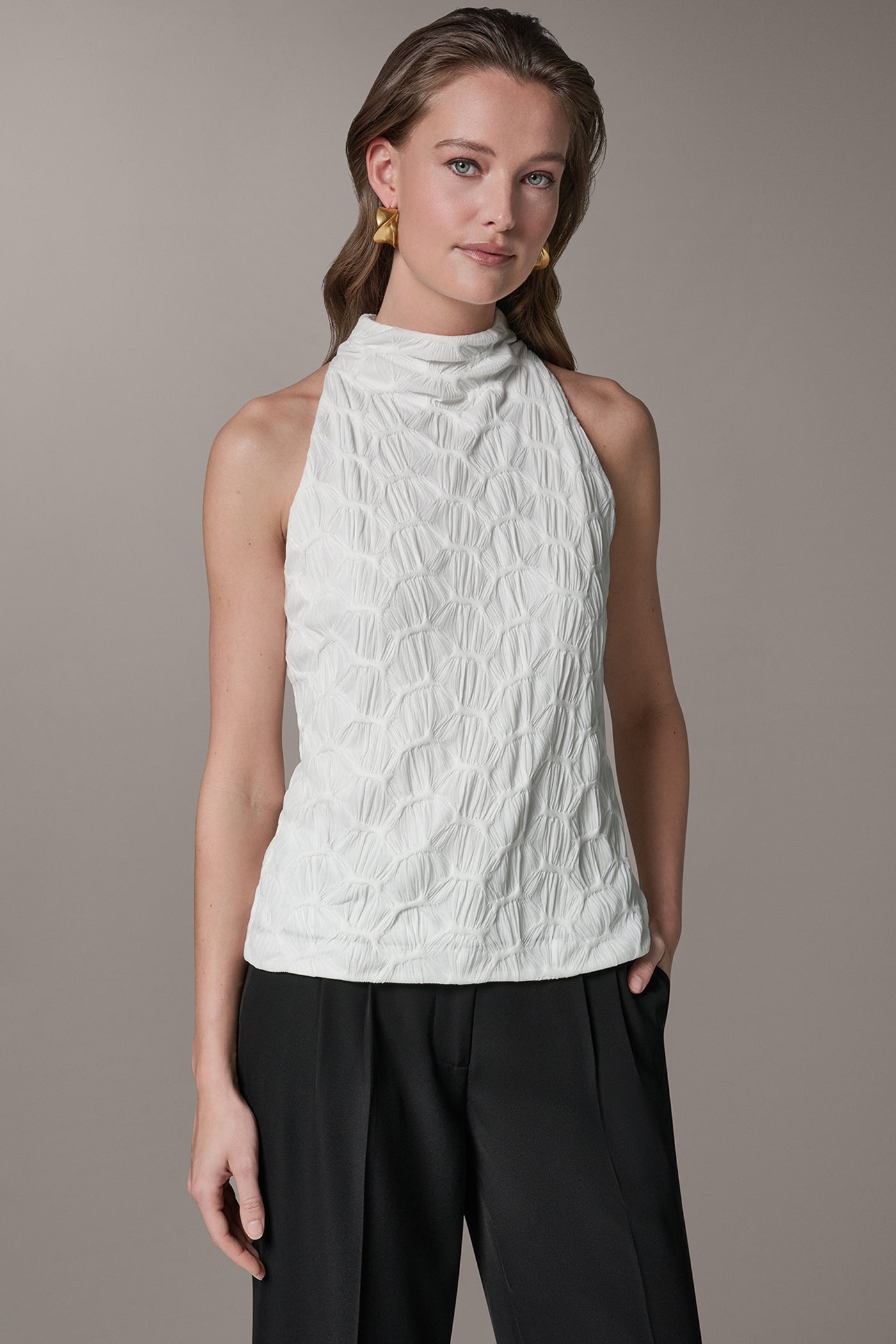 Cream SLEEVELESS MOCK NECK BLOUSE Donna Karan