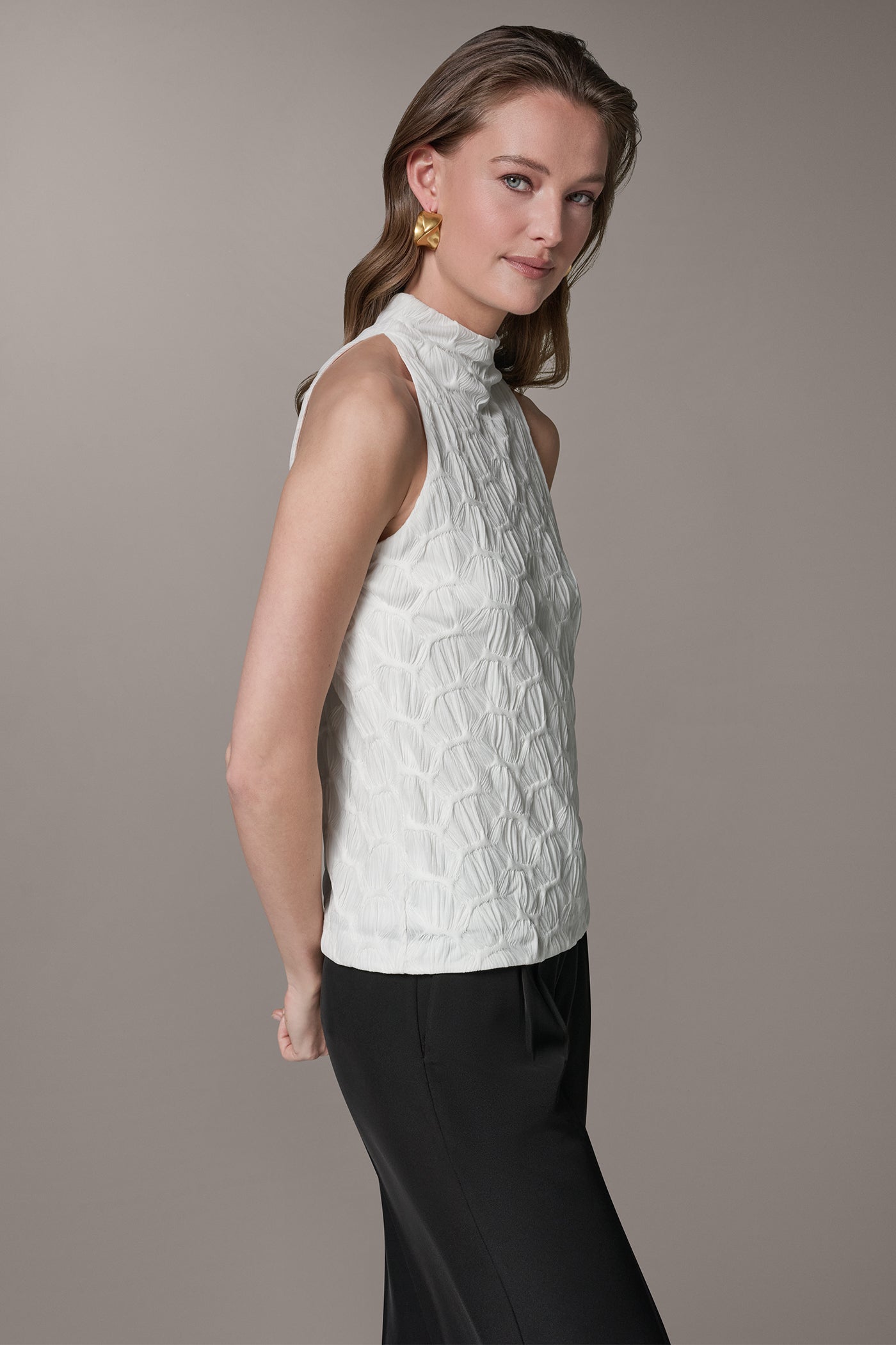 Cream SLEEVELESS MOCK NECK BLOUSE Donna Karan