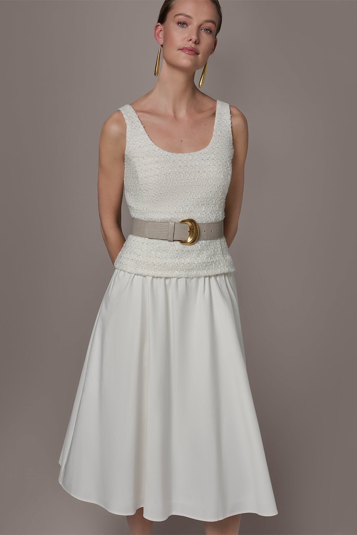 Cream TWEED MIXED MEDIA MIDI TANK DRESS Donna Karan
