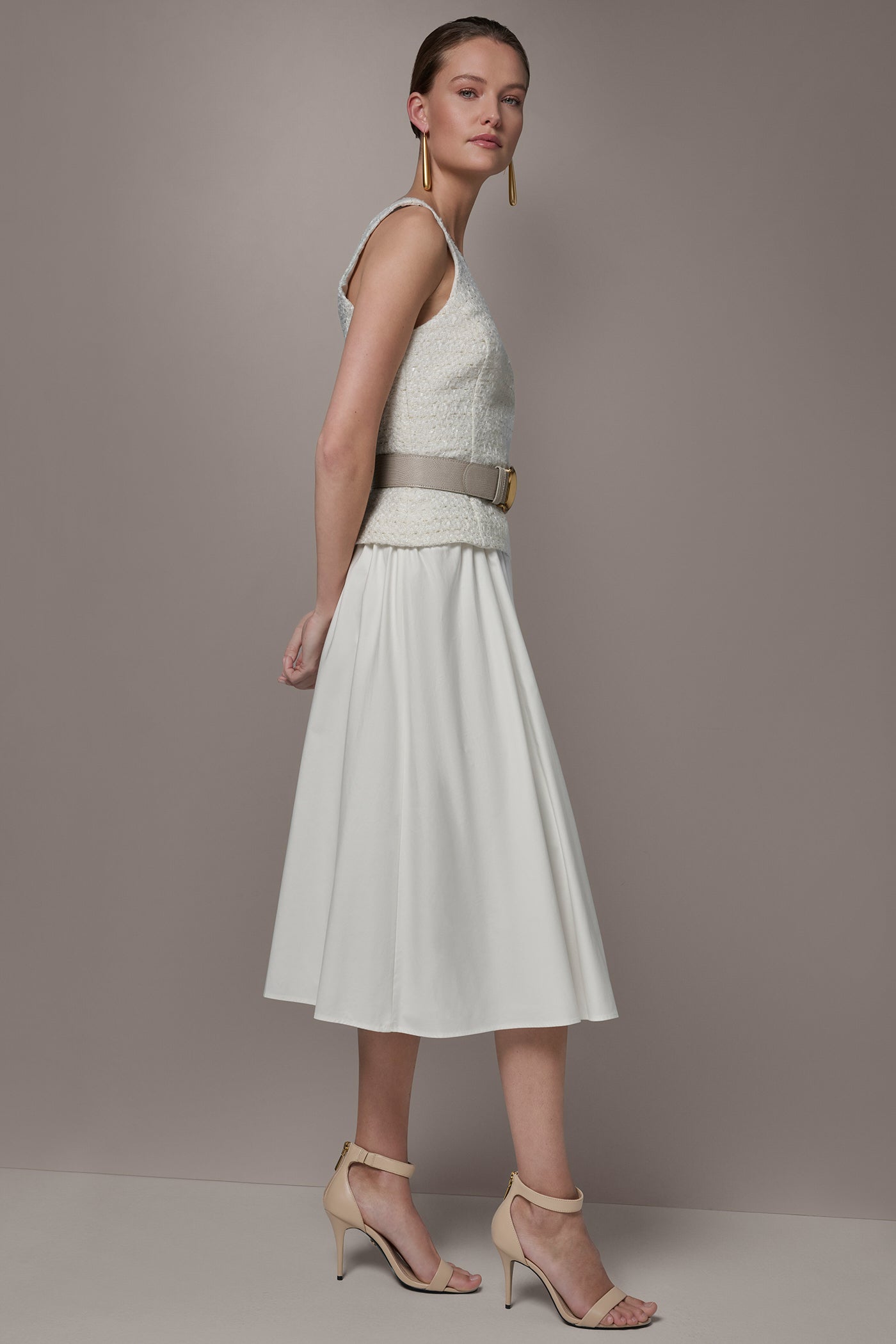 Cream TWEED MIXED MEDIA MIDI TANK DRESS Donna Karan