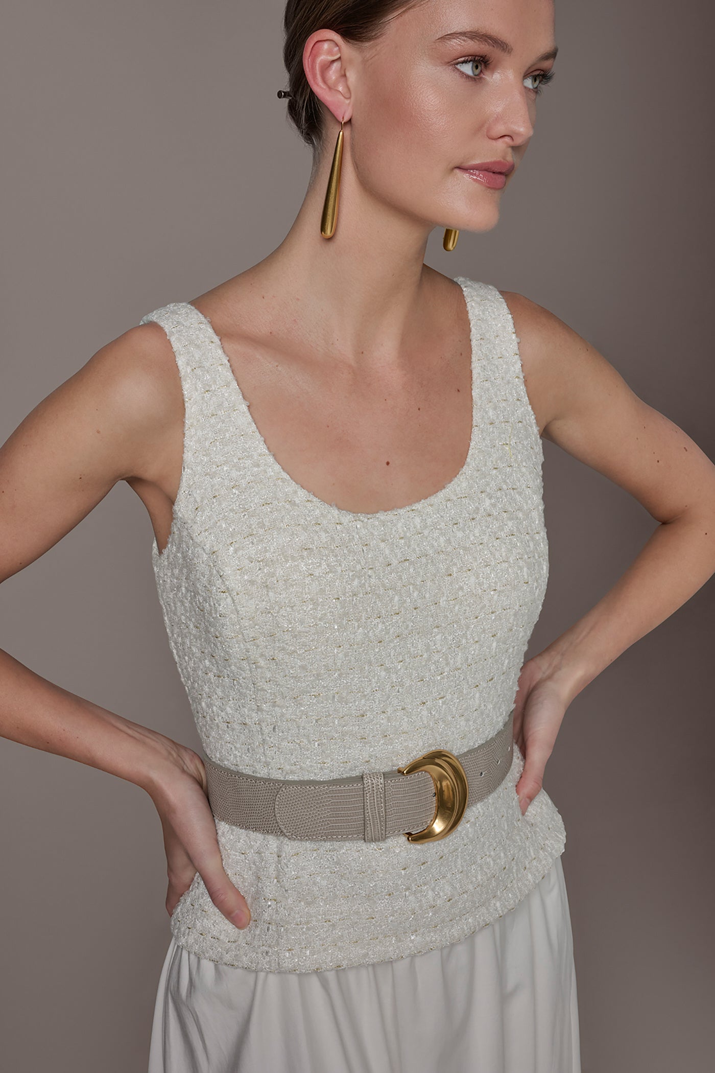 Cream TWEED MIXED MEDIA MIDI TANK DRESS Donna Karan