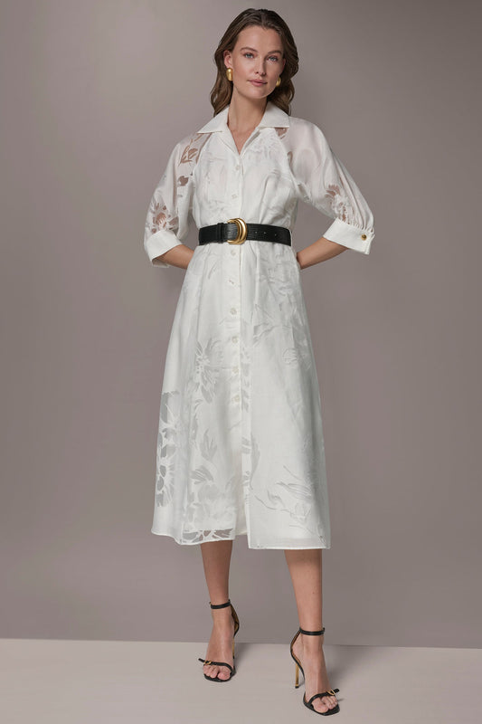 CREAM FLORAL-JACQUARD MIDI SHIRT DRESS Donna Karan