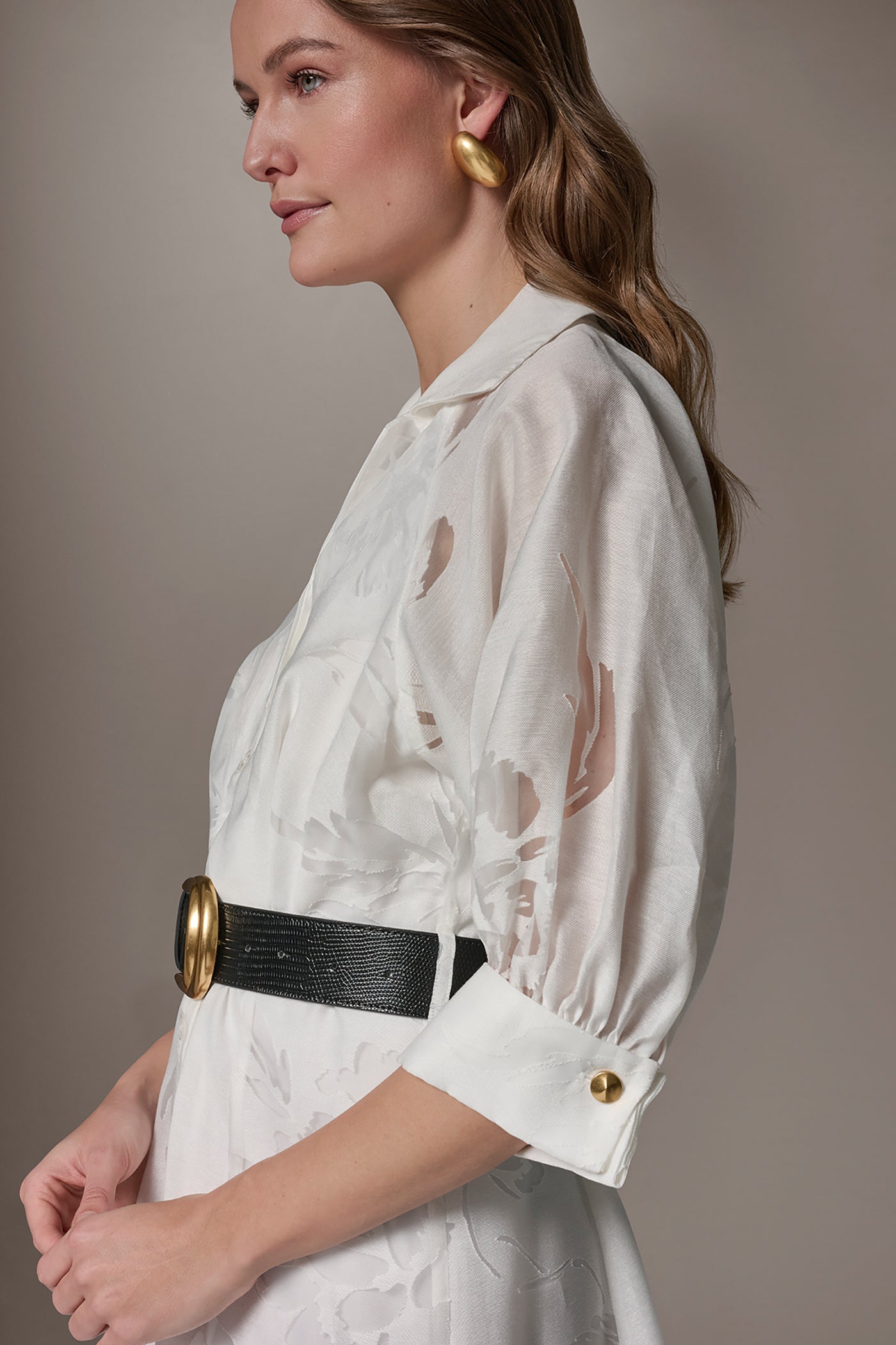 CREAM FLORAL-JACQUARD MIDI SHIRT DRESS Donna Karan