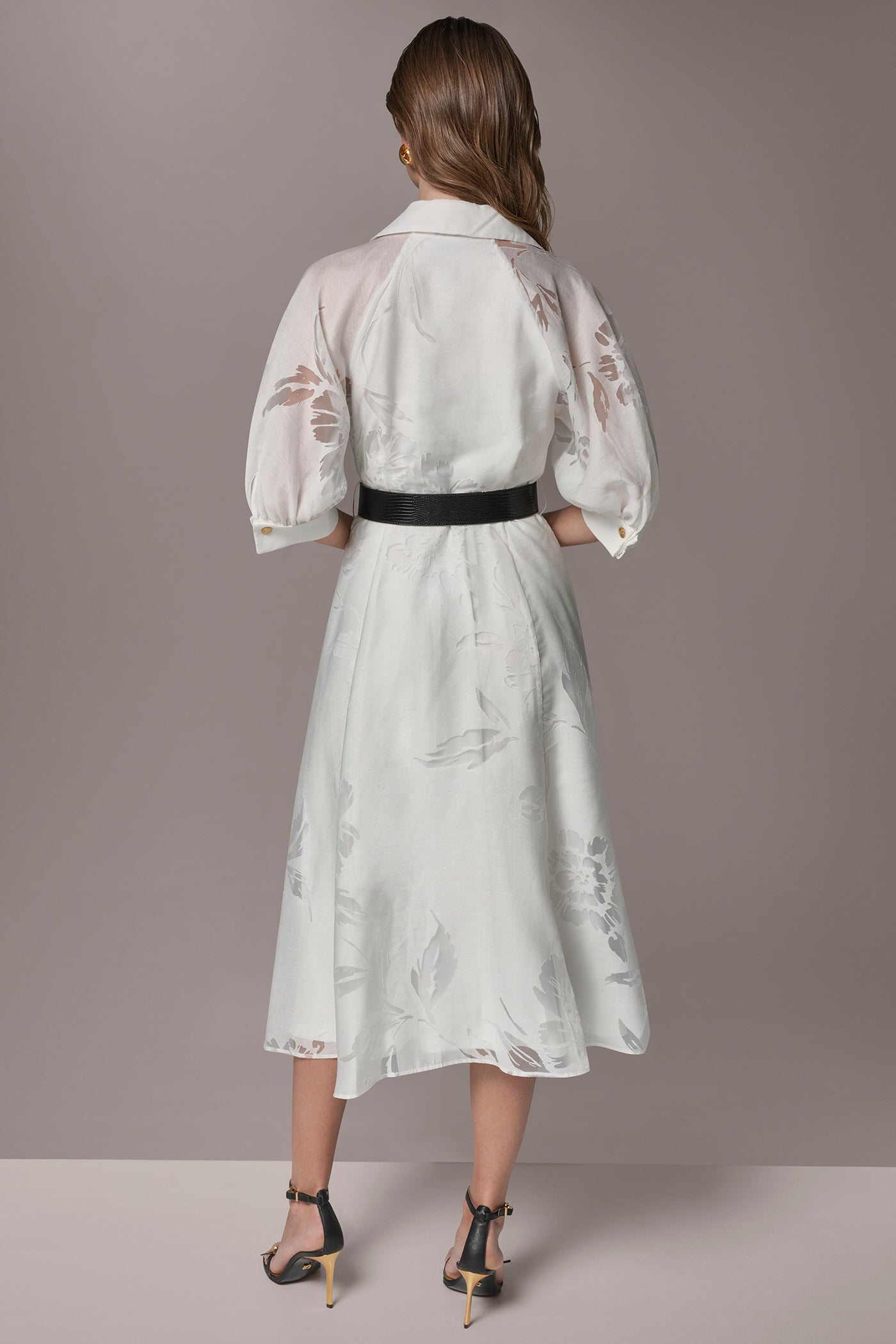 CREAM FLORAL-JACQUARD MIDI SHIRT DRESS Donna Karan