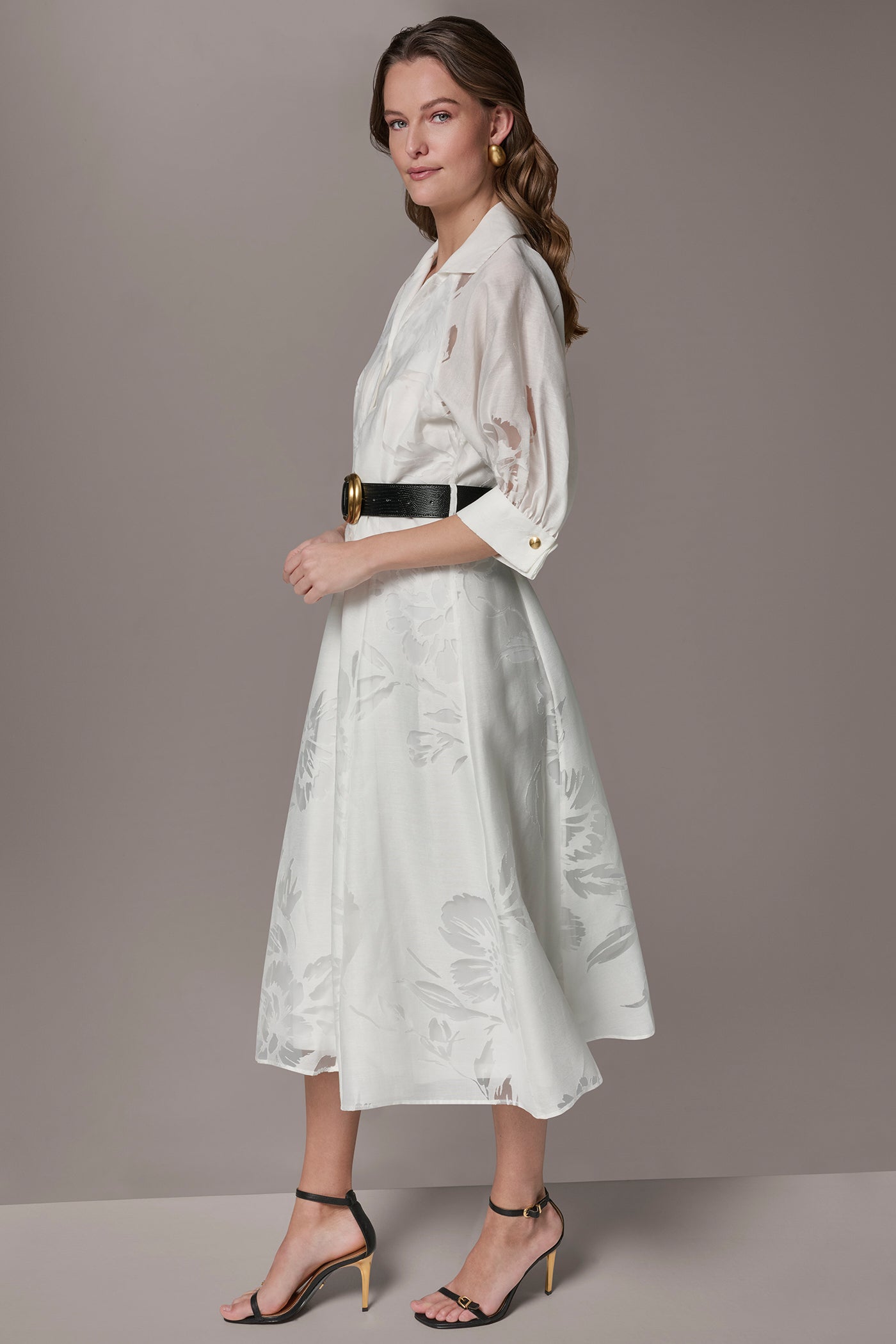 CREAM FLORAL-JACQUARD MIDI SHIRT DRESS Donna Karan