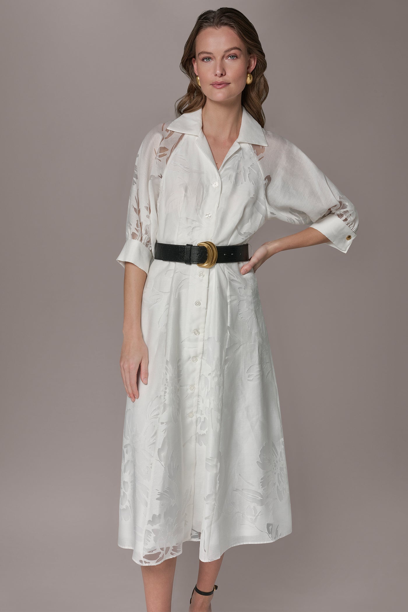 CREAM FLORAL-JACQUARD MIDI SHIRT DRESS Donna Karan